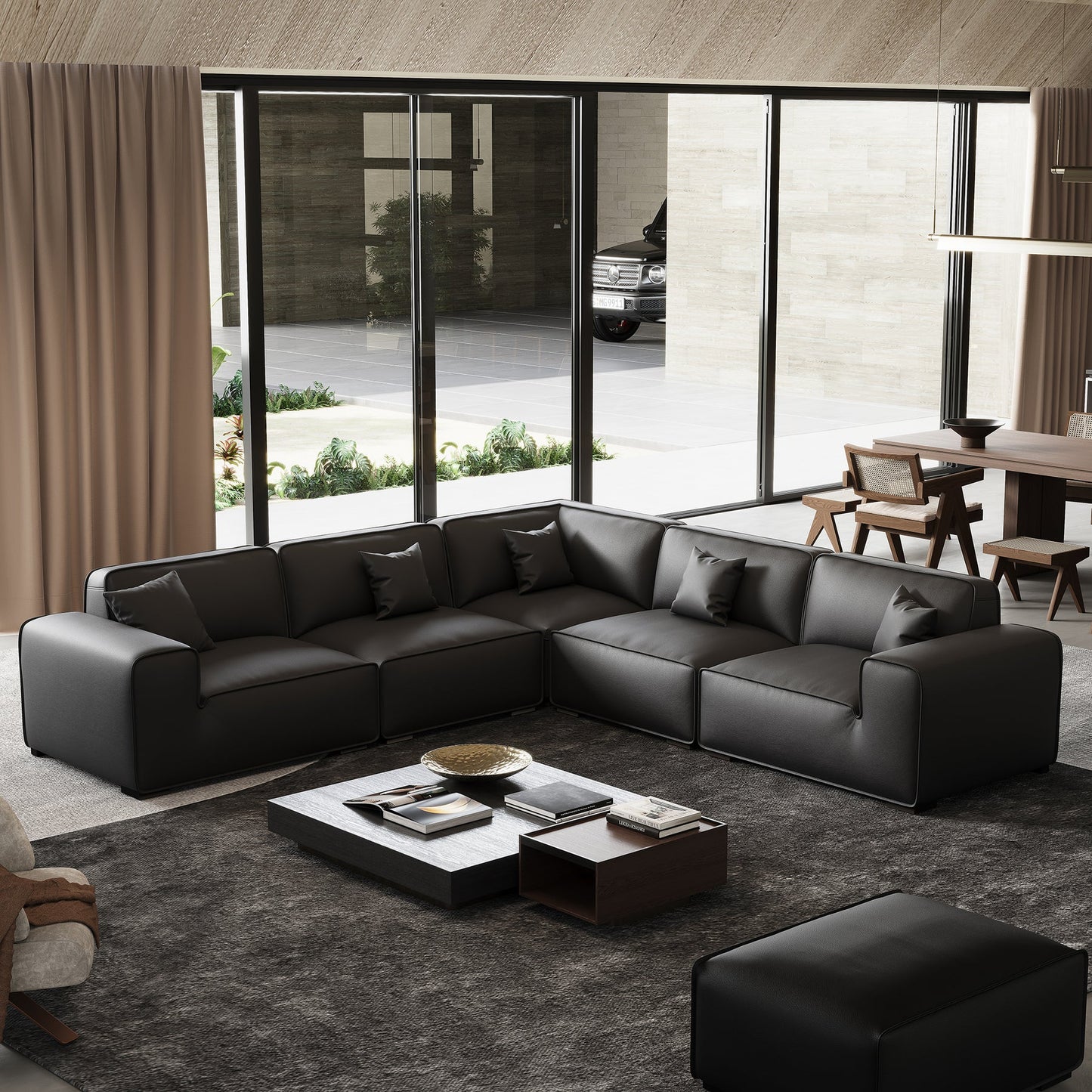 Modern style low arm modular black genuine leather corner sofa