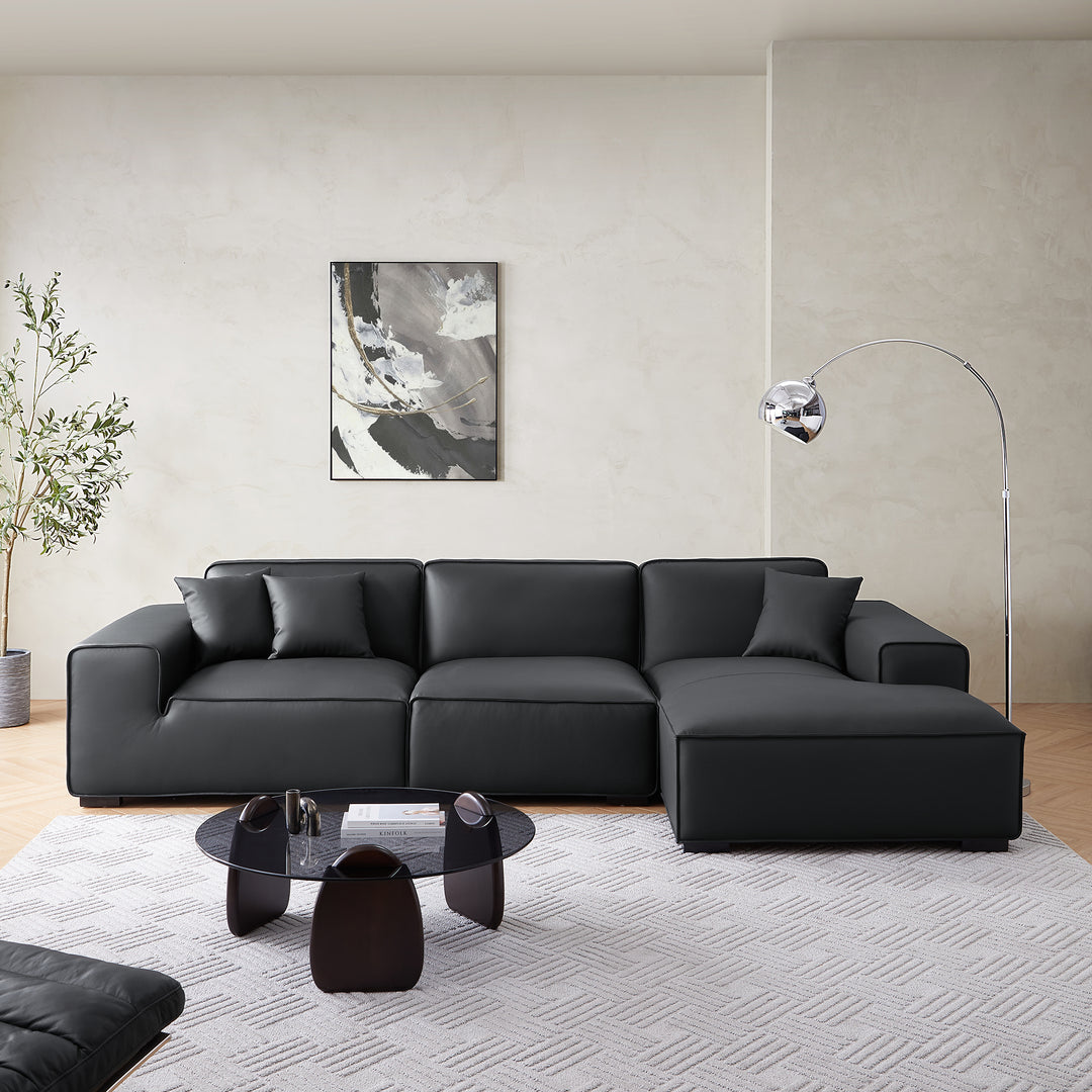 Black genuine leather L shape sectional sofa
