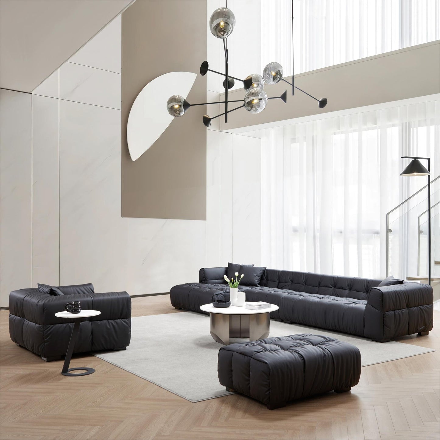 Italian style black leathaire sectional sofa set