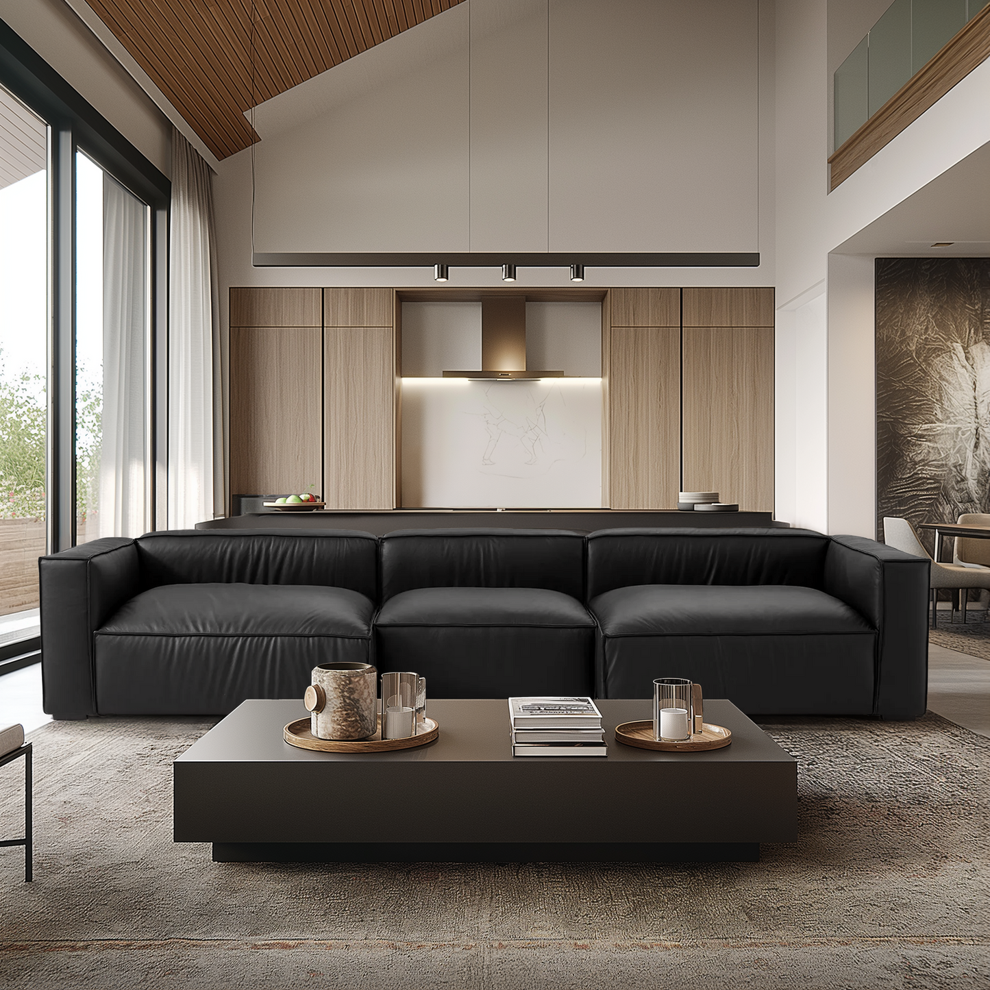 Modern furniture black genuine leather u shape sectional sofa