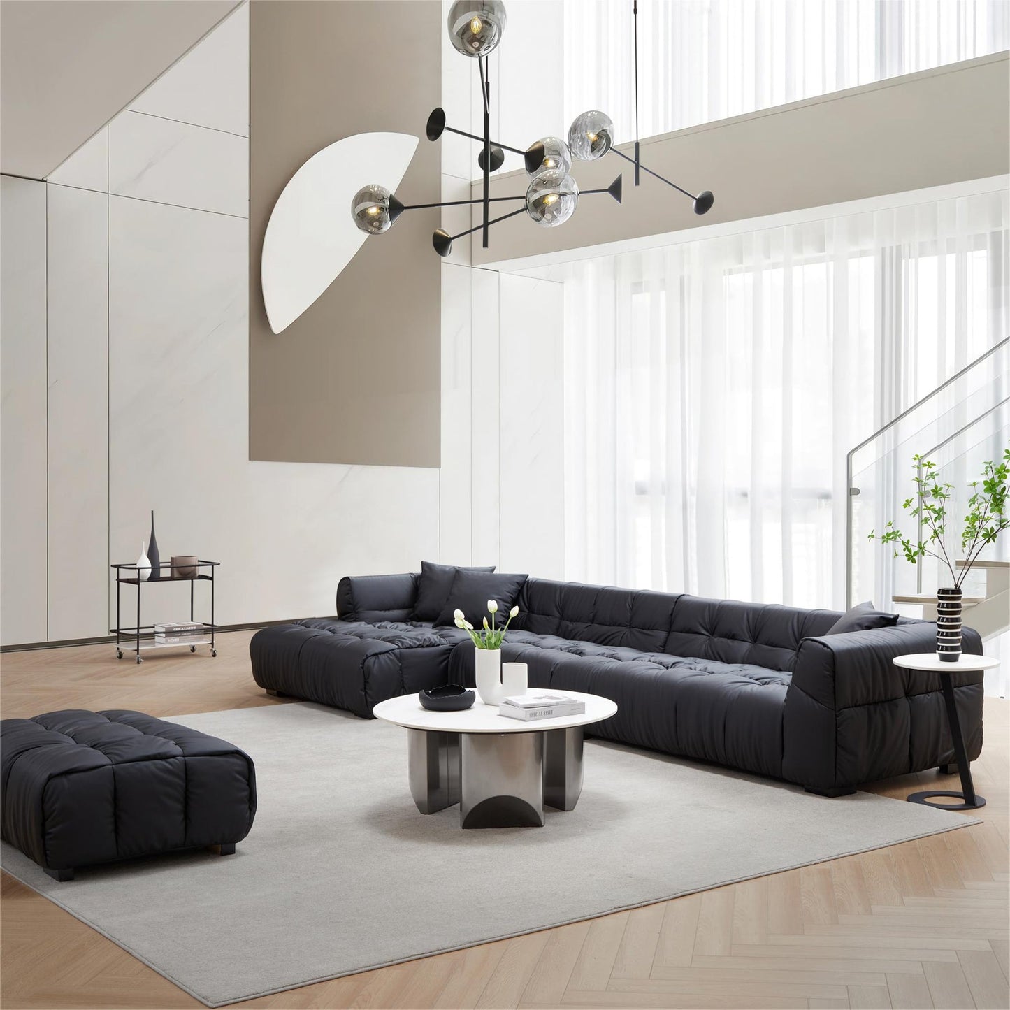 Modern L shape hi tech fabric living room sofa black