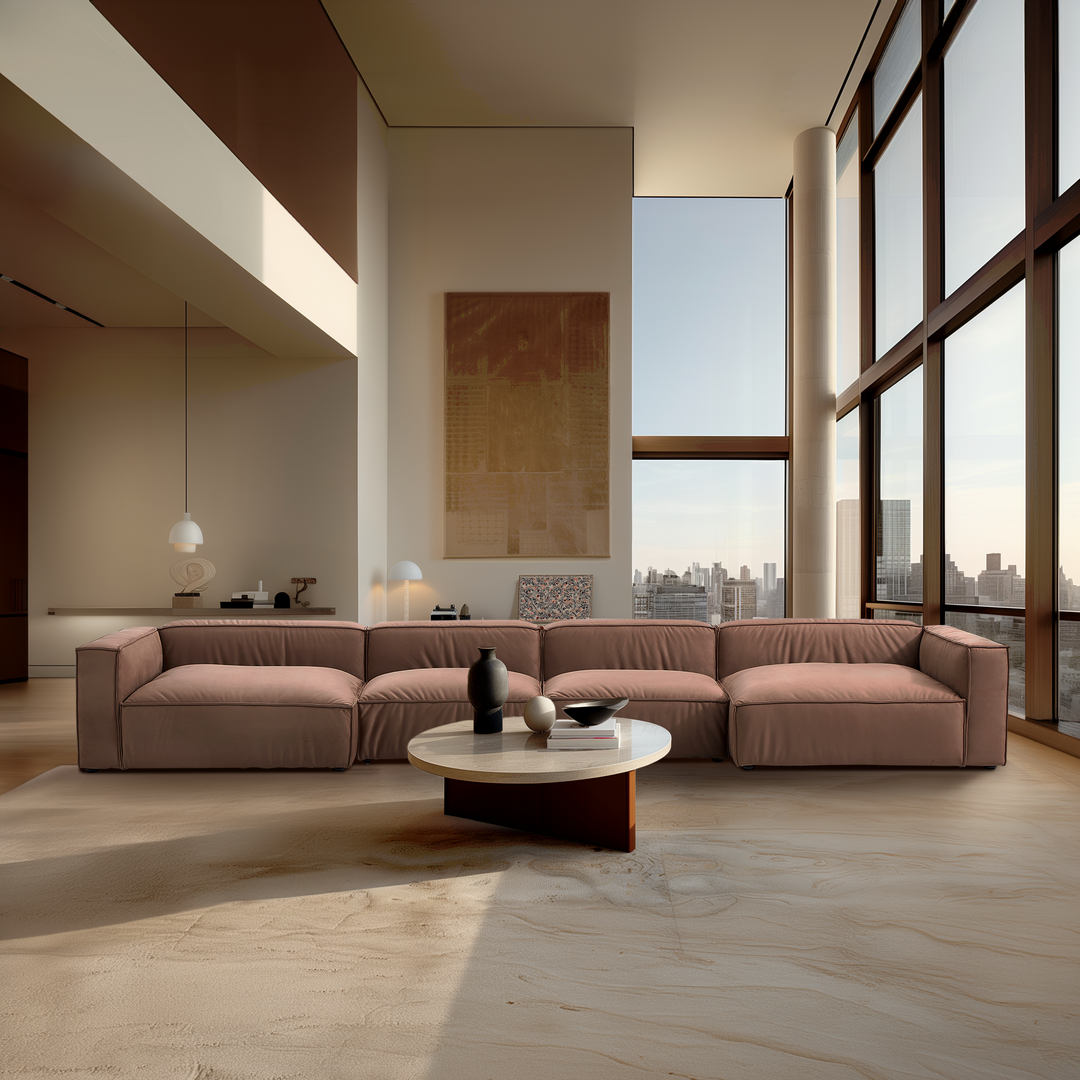 Brown Fabric Modern U-Shaped Sofa Bed Wooden Frame Sofa
