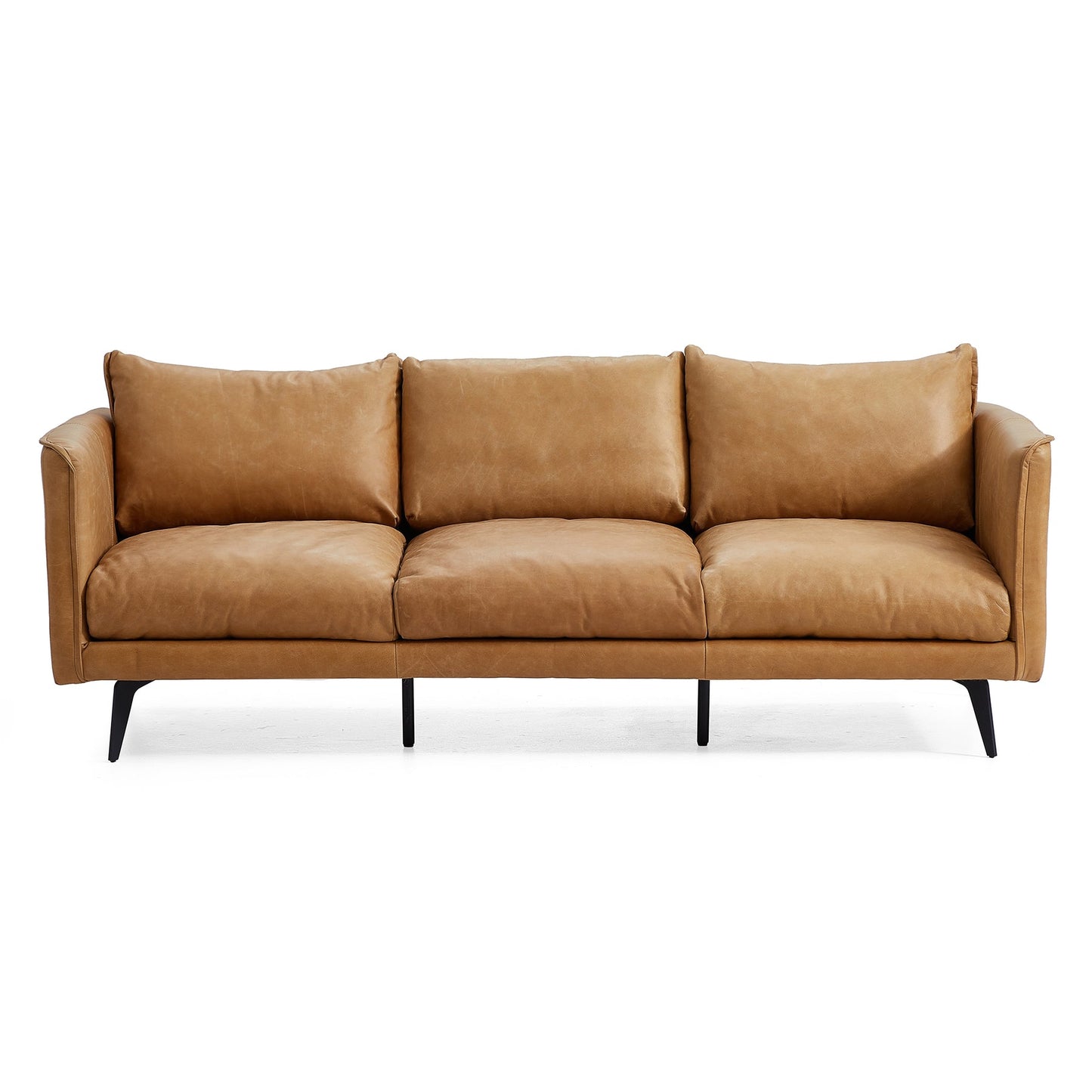 3 seater i shape brown top grain genuine leather feather couch