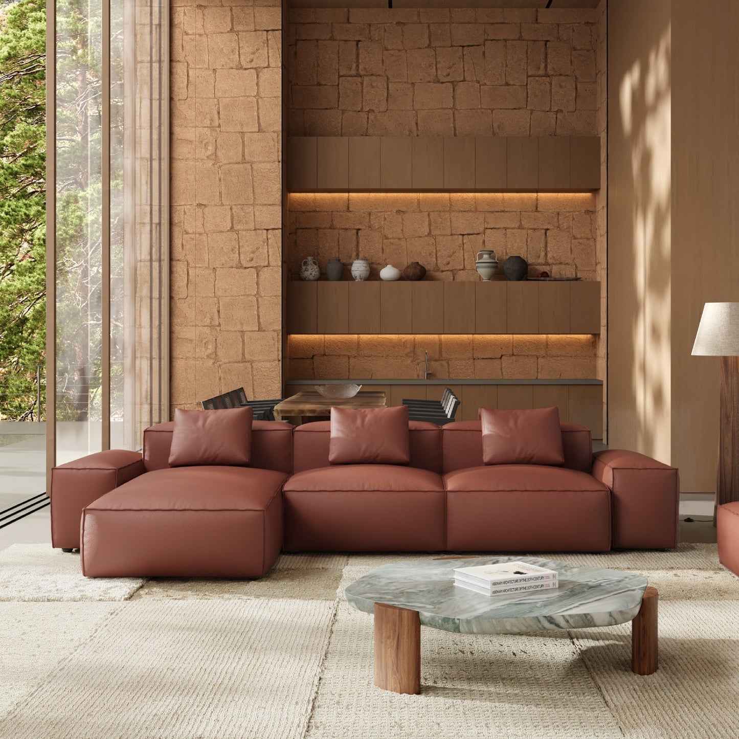 Brown Genuine Leather L Shape Sectional Sofa