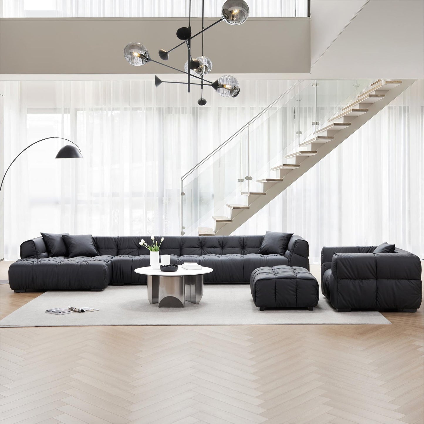 Italian style black leathaire sectional sofa set