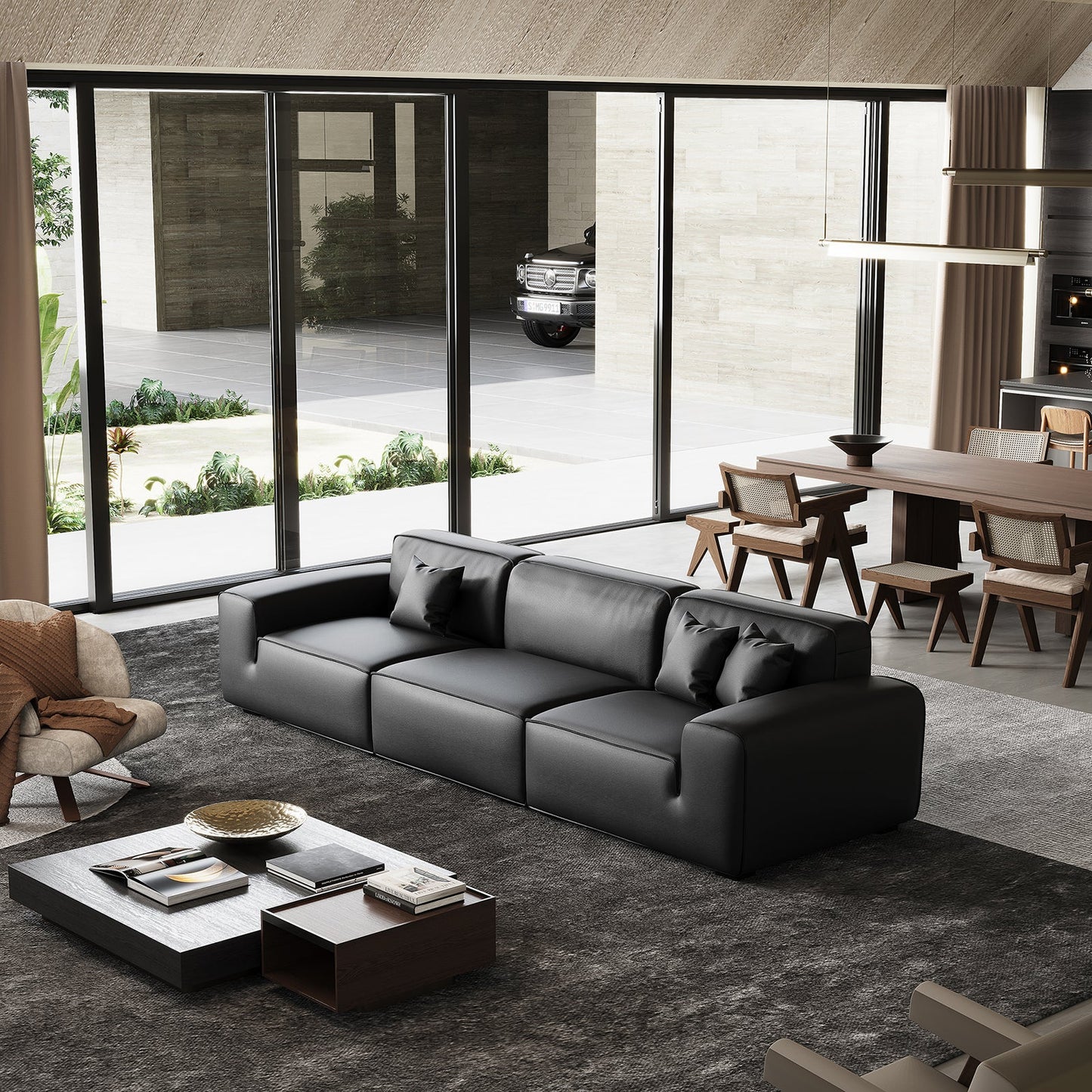 Modern style black genuine leather modular sofa