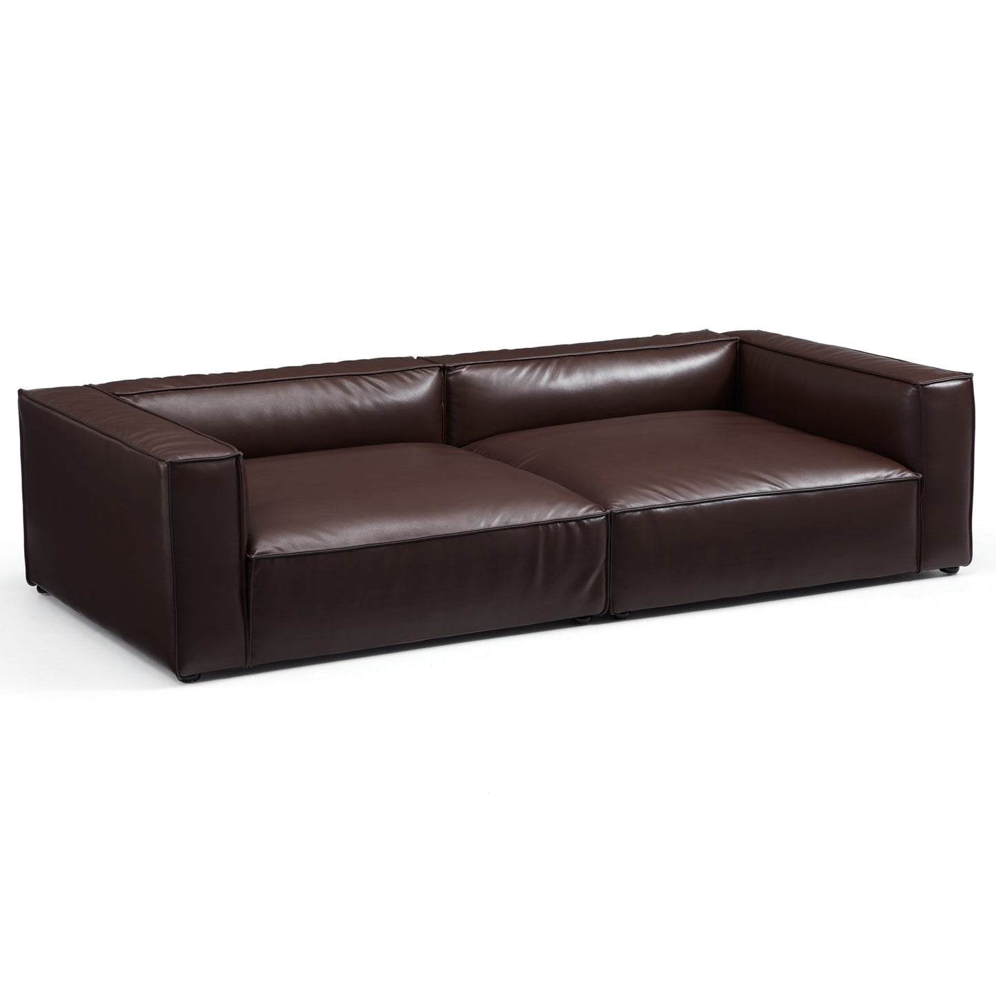 Wooden frame upholstery brown genuine leather double chaise sofa bed