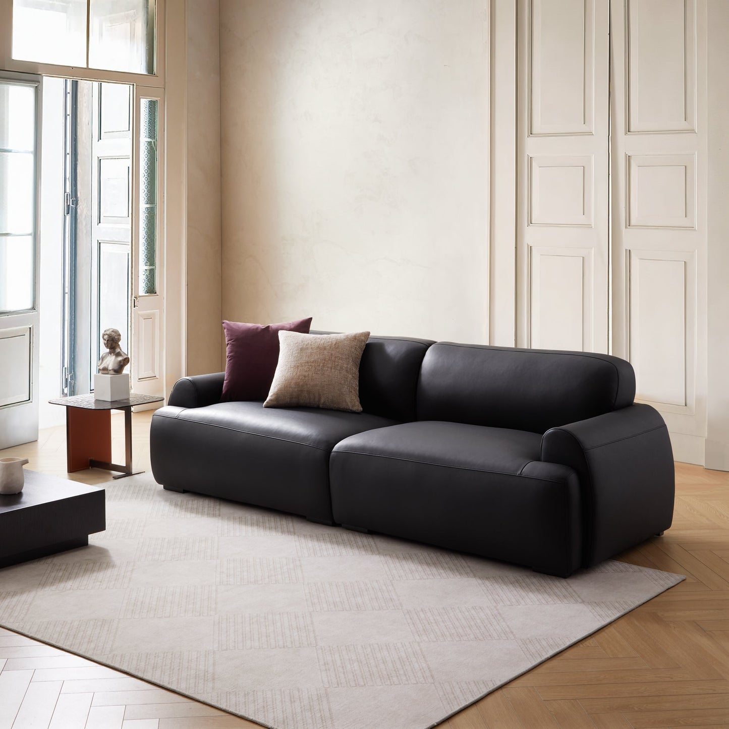 Home furniture office black genuine leather 4 seater sofa