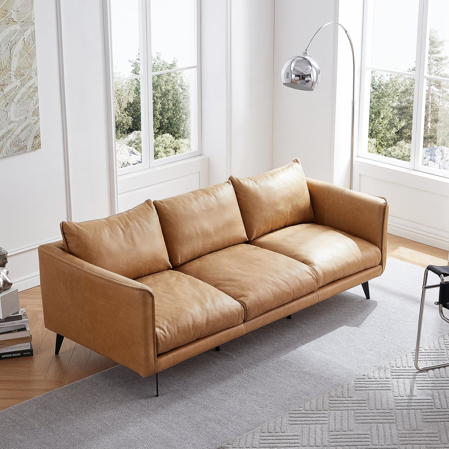 3 seater i shape brown top grain genuine leather feather couch