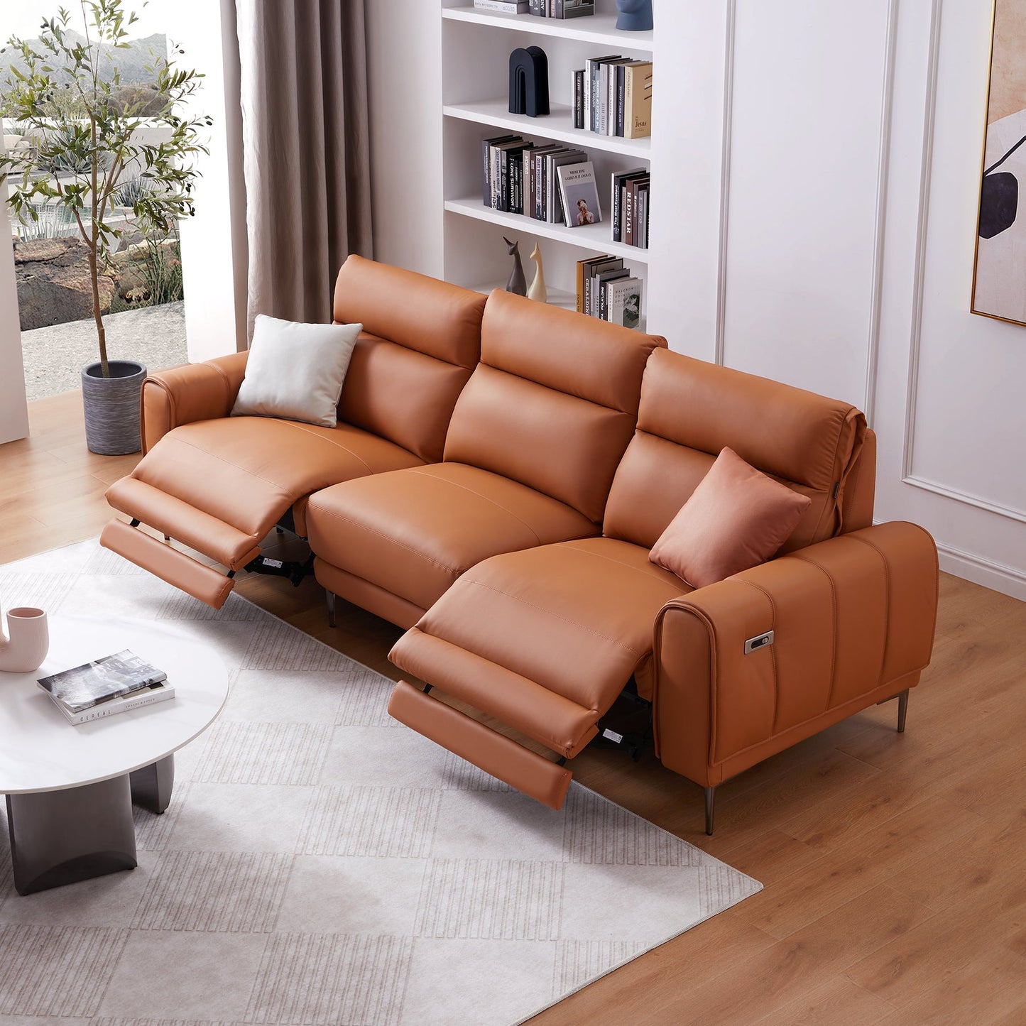 Top grain genuine leather electric recliner USB charging leather sofa