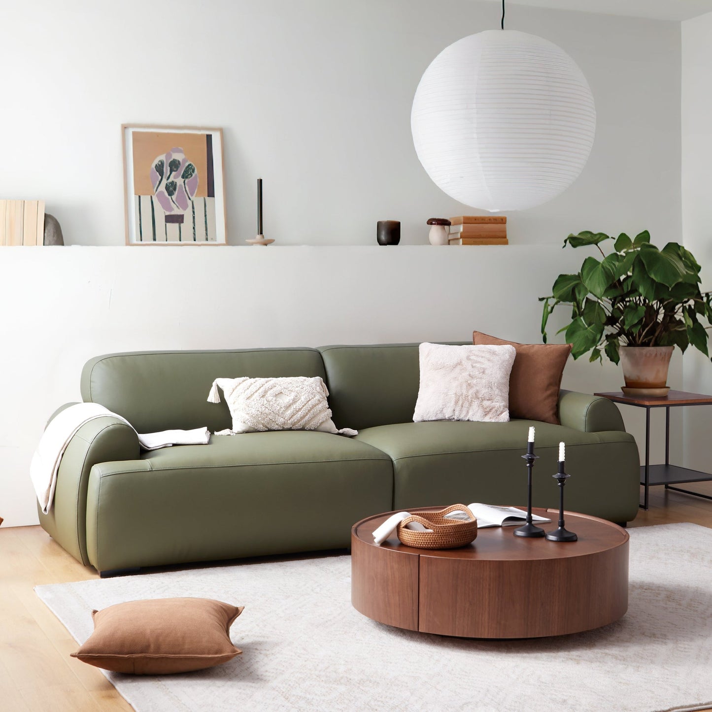 Middle back sponge filled sofa genuine leather cover modular 4 seater sofa olive