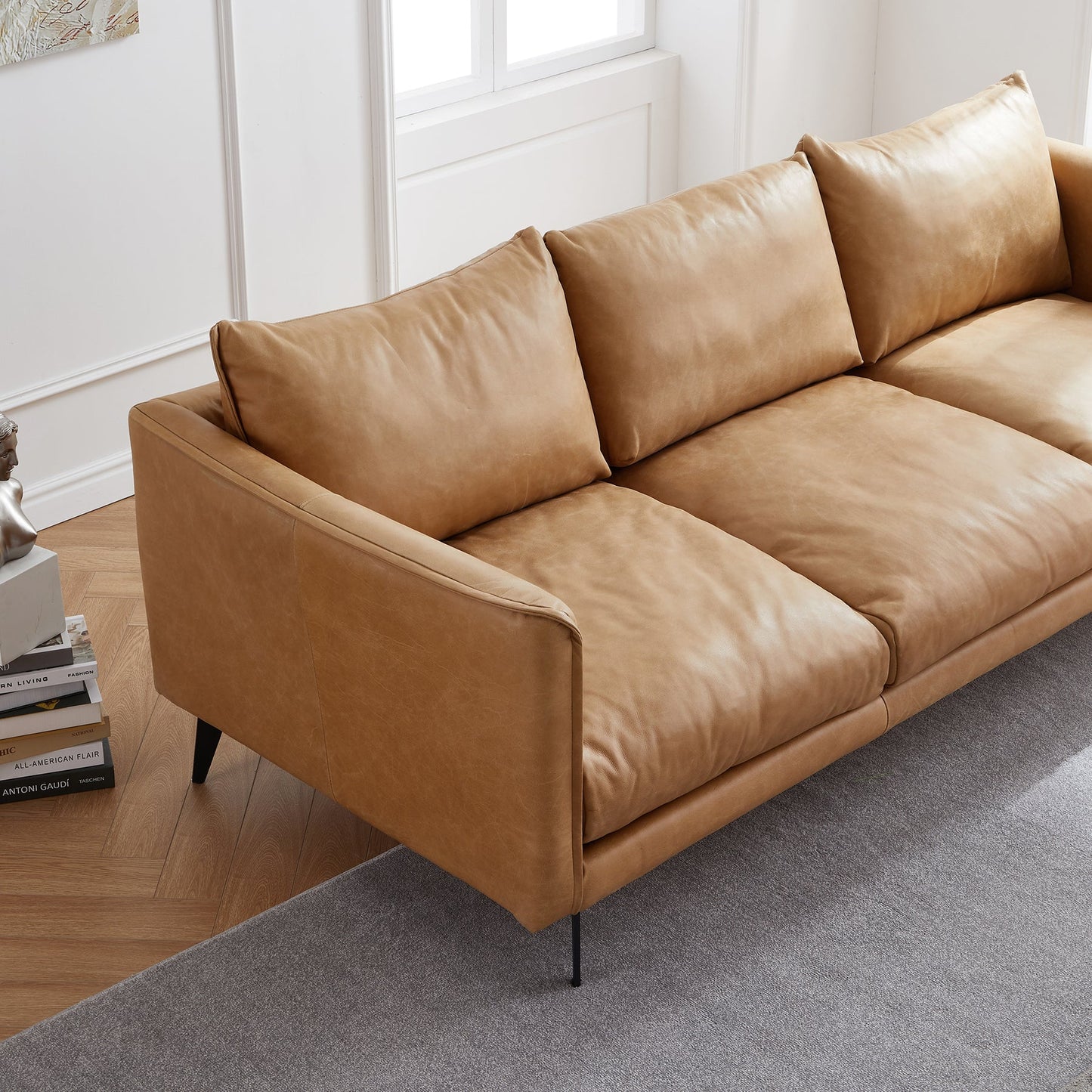 3 seater i shape brown top grain genuine leather feather couch