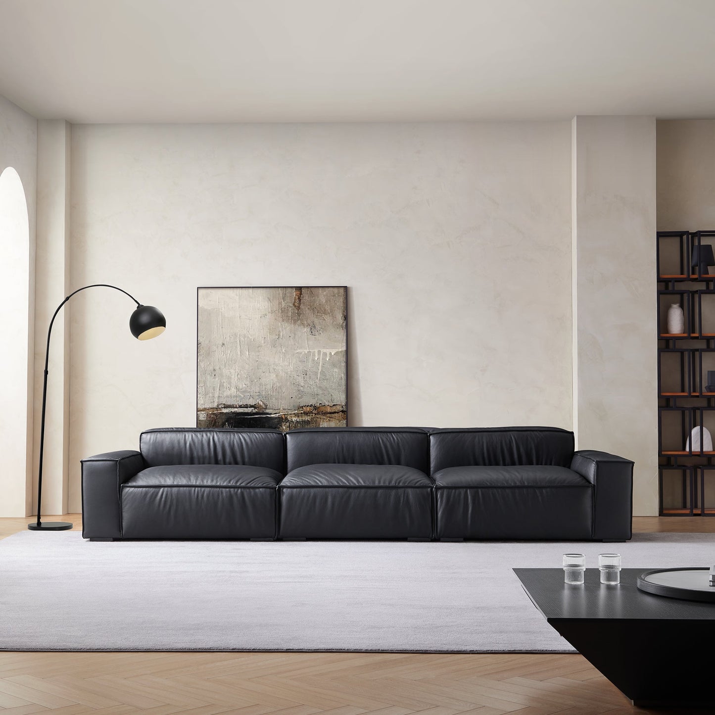 Low back black genuine leather extra large designer sofa