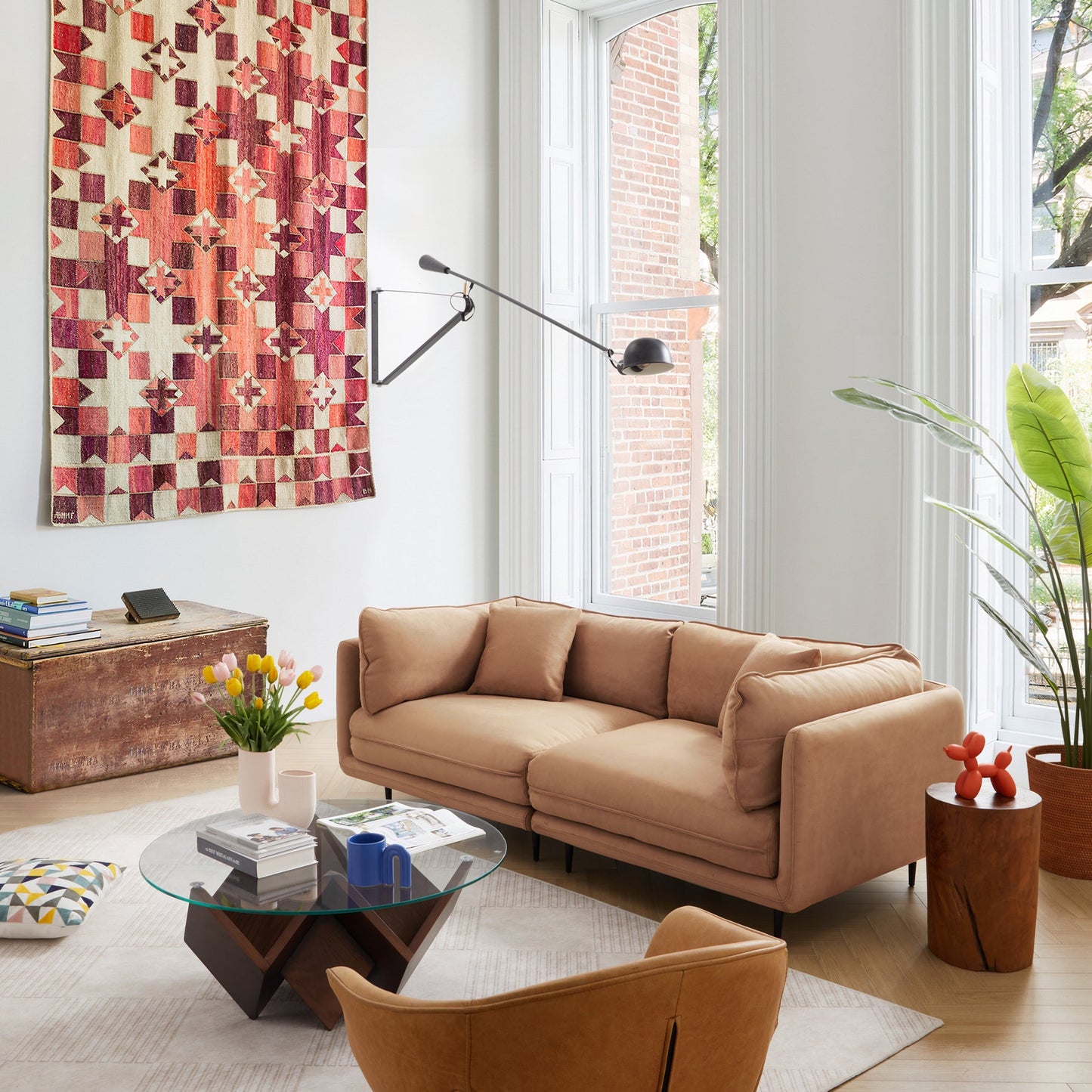Apartment camel matte fabric 2 seater loveseat sofa