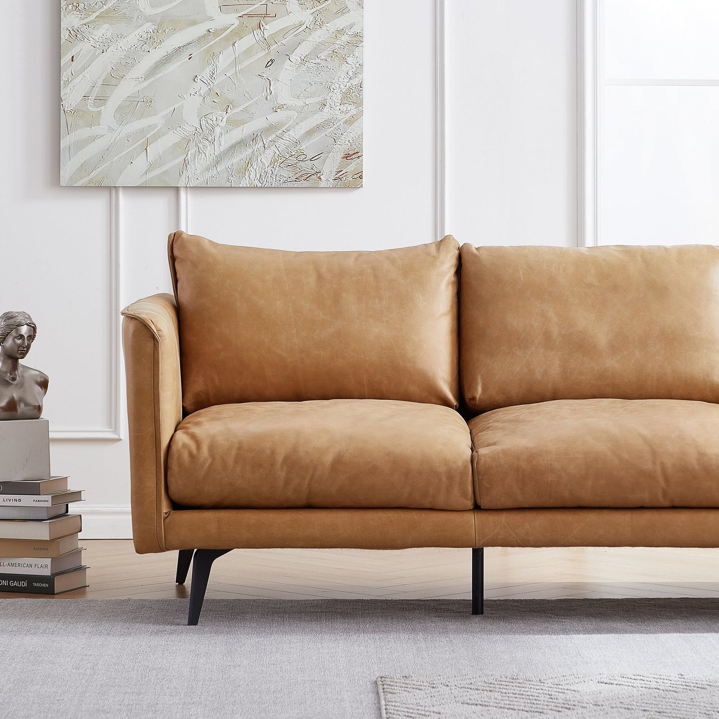3 seater i shape brown top grain genuine leather feather couch