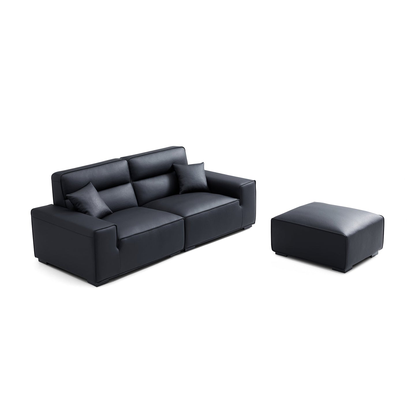 Modern living room high quality upholstered high back genuine leather sofa with ottoman