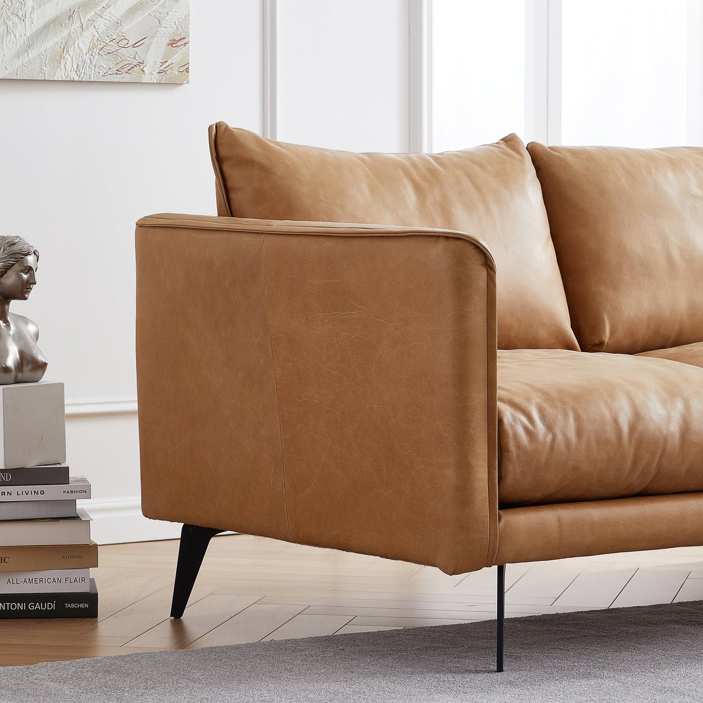 3 seater i shape brown top grain genuine leather feather couch