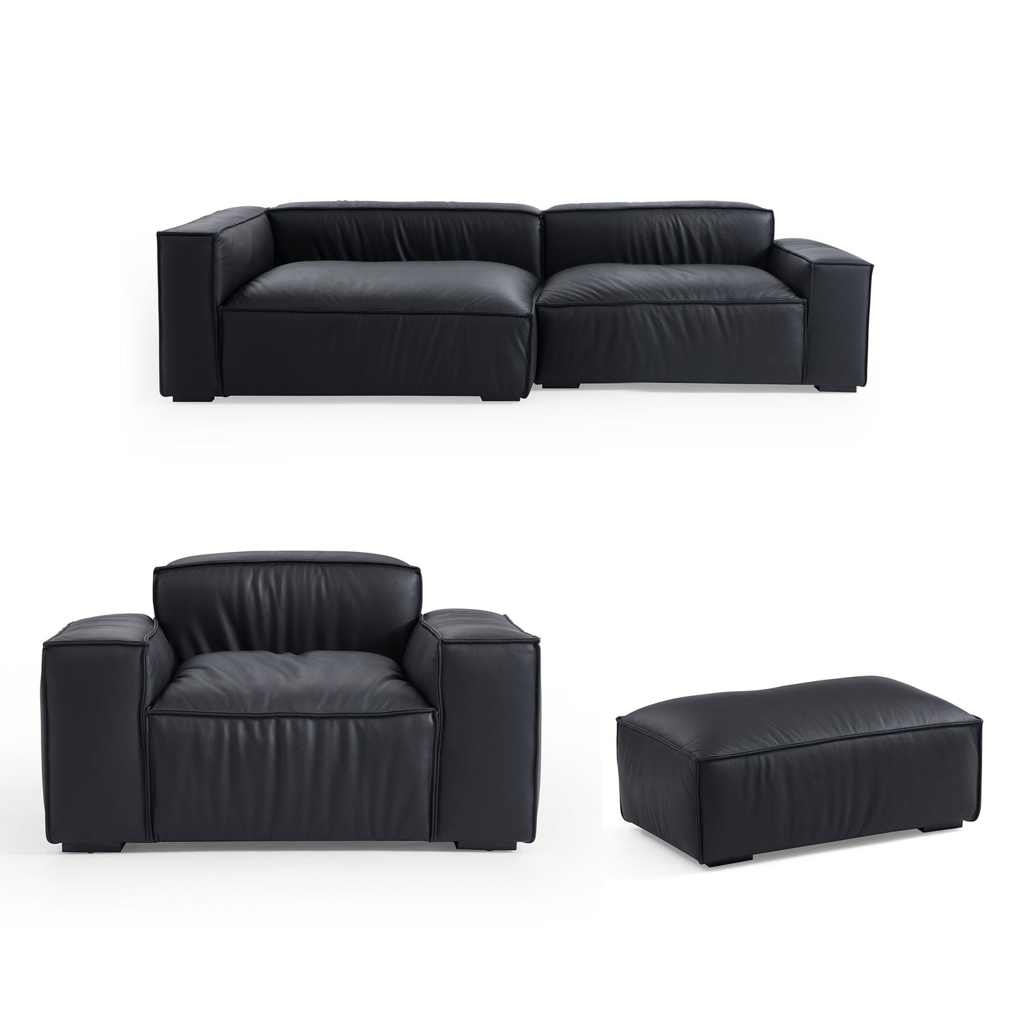 Living Room Black Genuine Leather Sectional Sofa Set