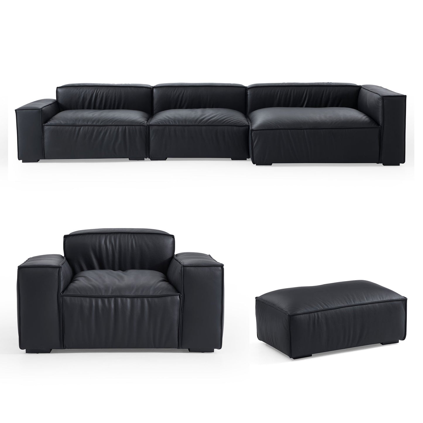 Living Room Black Genuine Leather Sectional Sofa Set