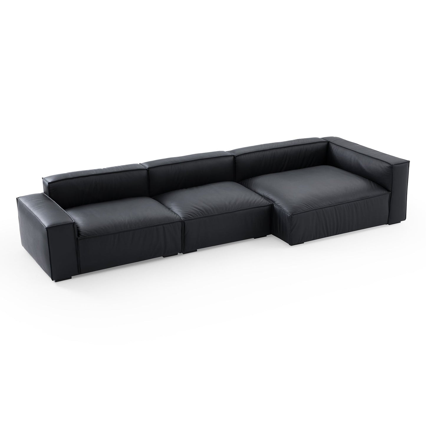 Black genuine leather deep seat living room chaise lounge sofa