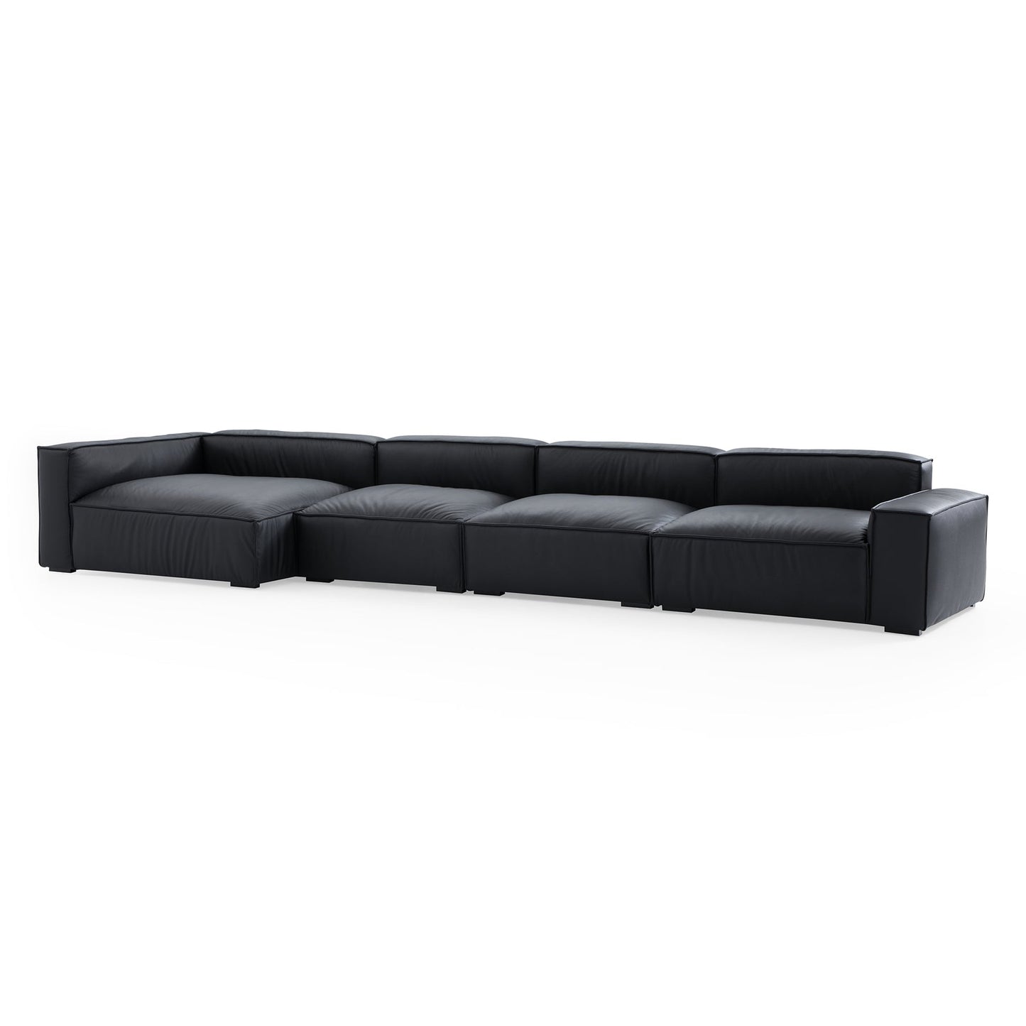 Black genuine leather deep seat living room chaise lounge sofa