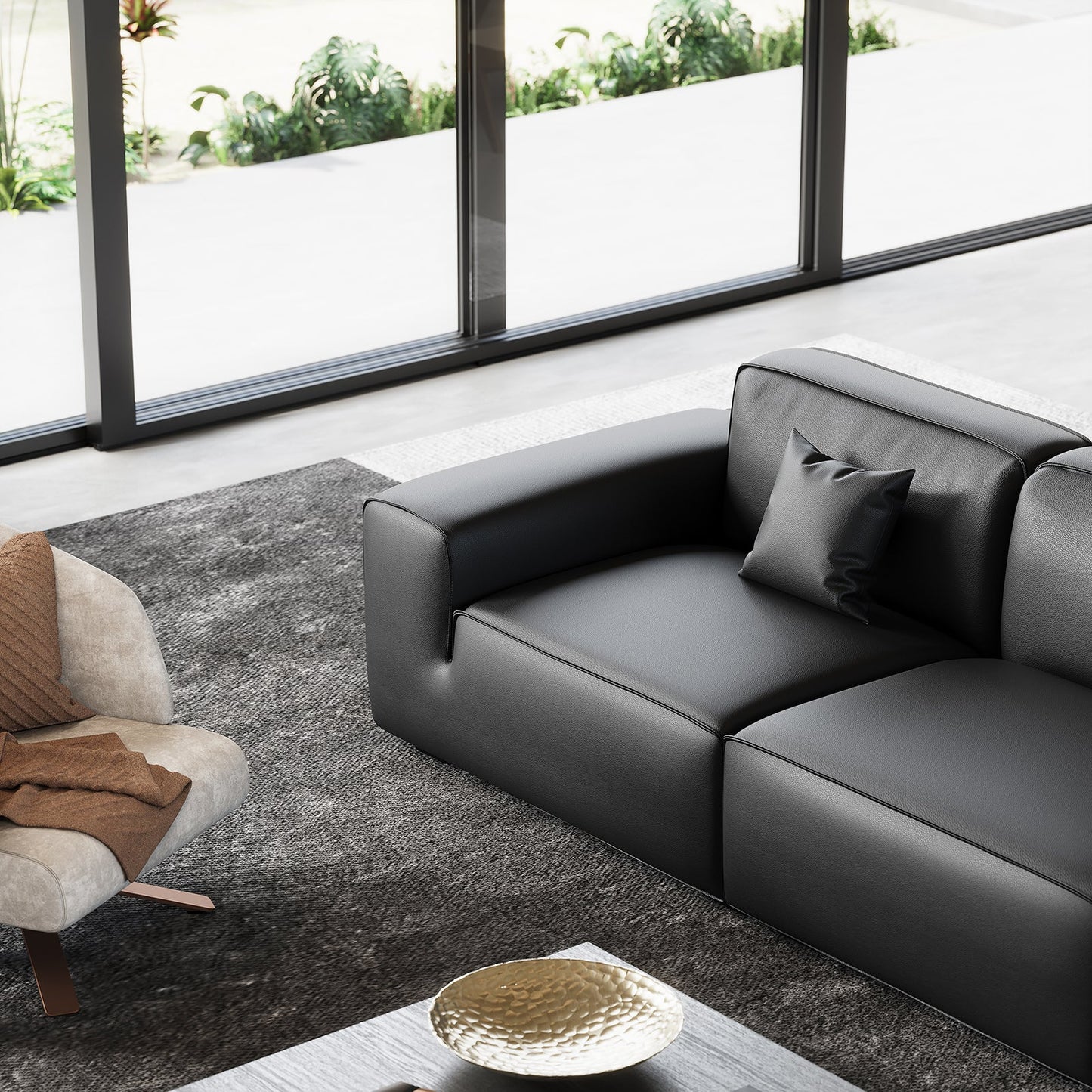 Modern style low arm modular black genuine leather corner sofa