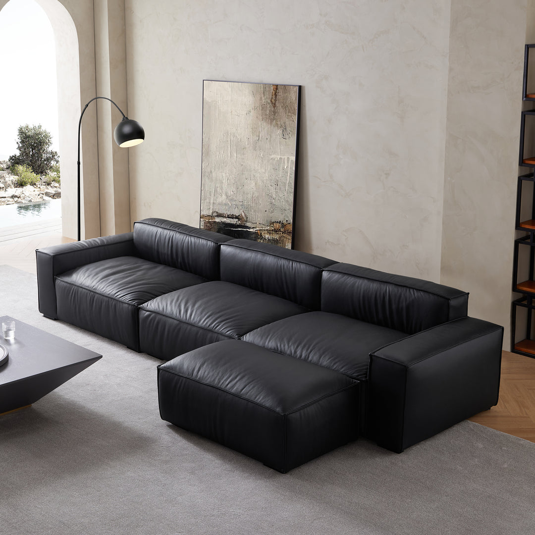 Premium living room genuine leather 3 seater sofa with ottoman