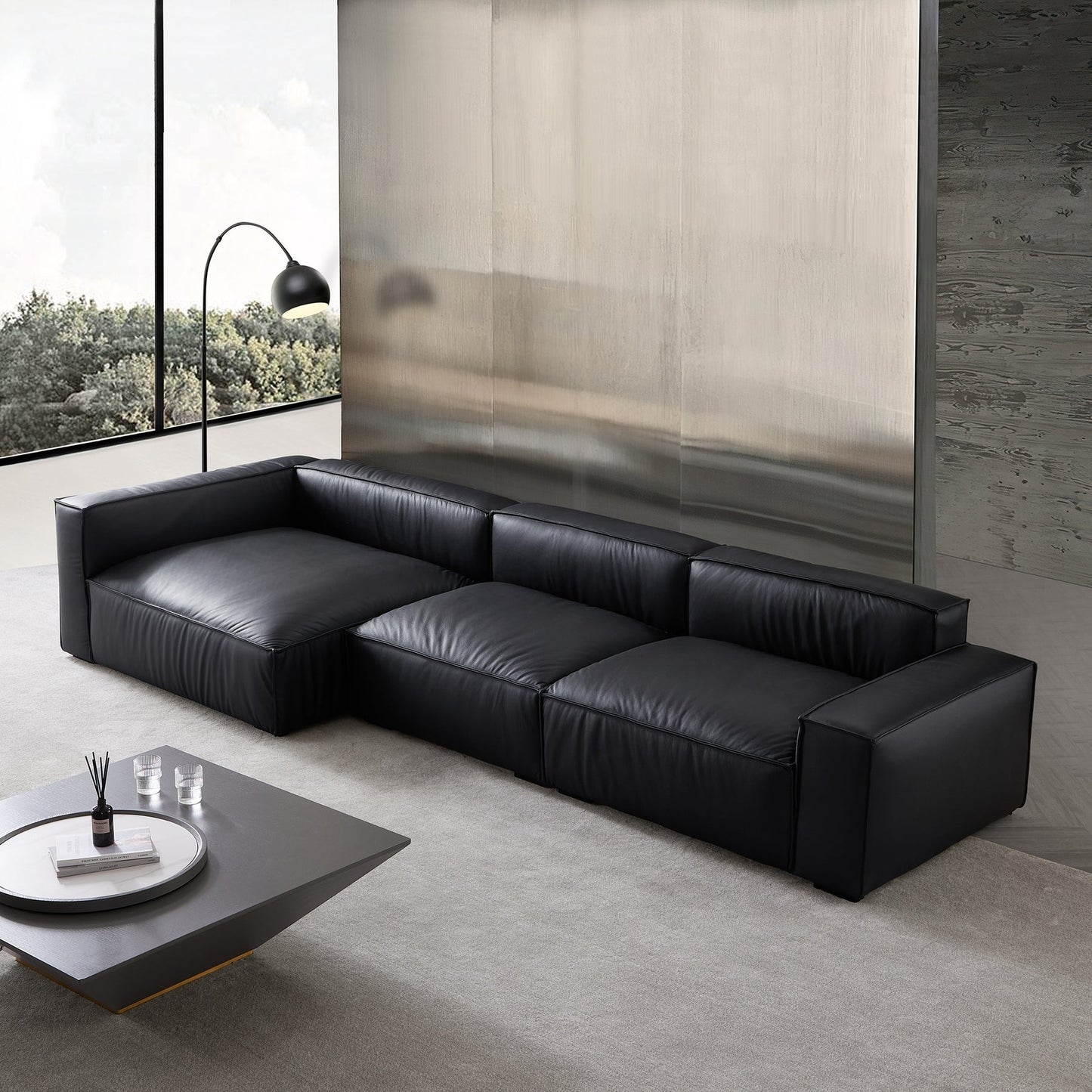 Black genuine leather deep seat living room chaise lounge sofa