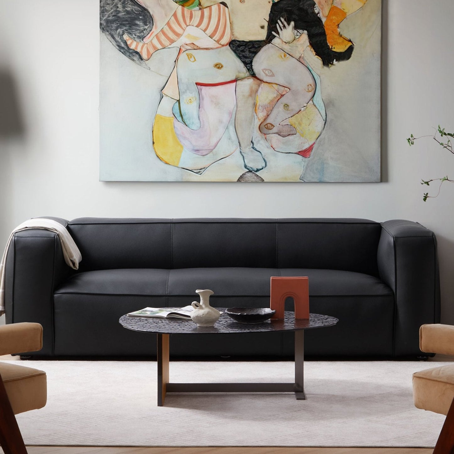 Living room black top grain leather i shape 3 seater sofa couch