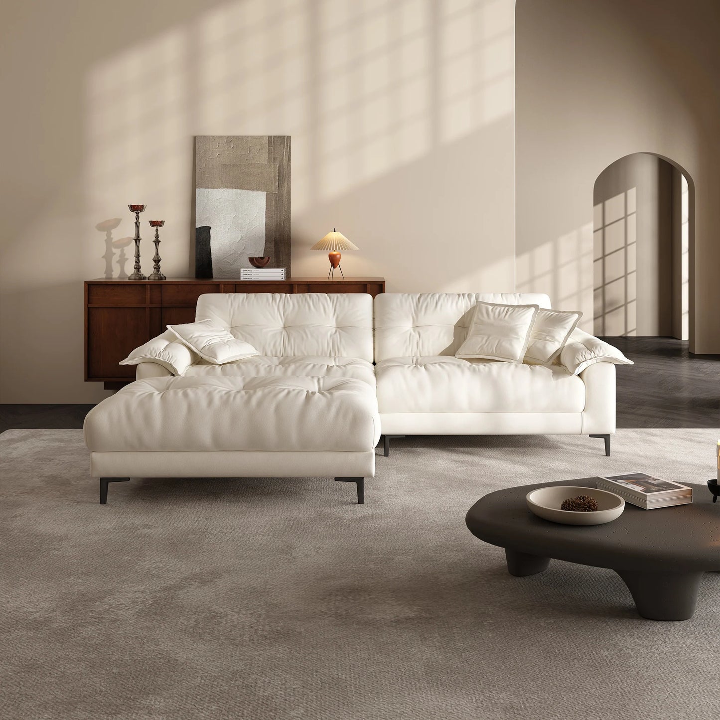High quality comfortable living room beige modular 4 seater sofa with ottoman