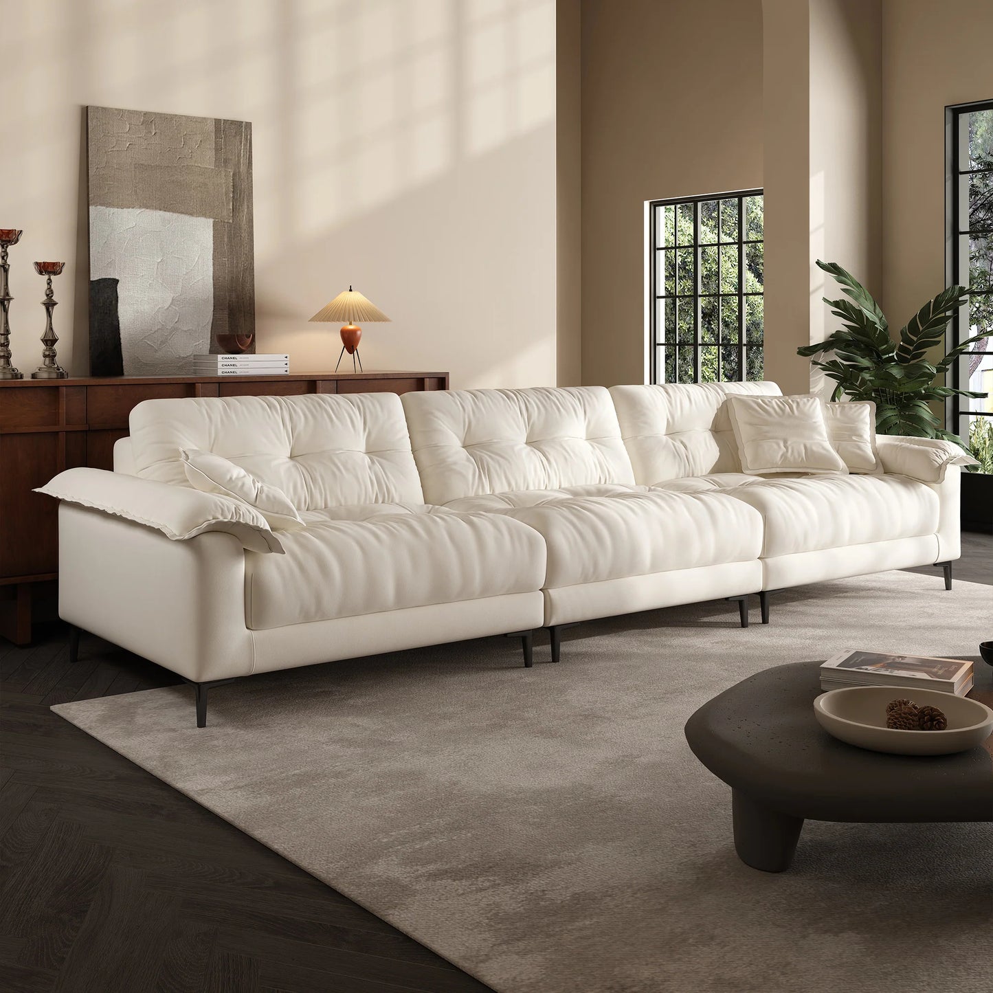 Modern style living room wooden frame beige fabric modular 5 seater sofa