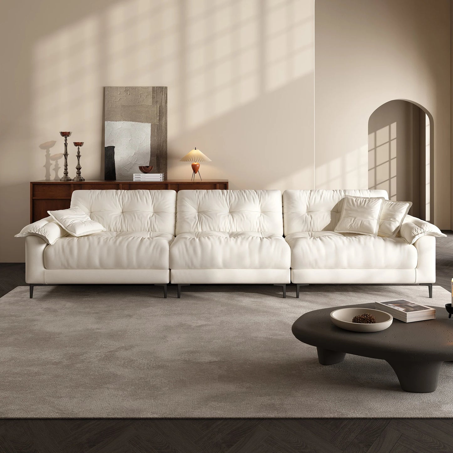 Modern style living room wooden frame beige fabric modular 5 seater sofa