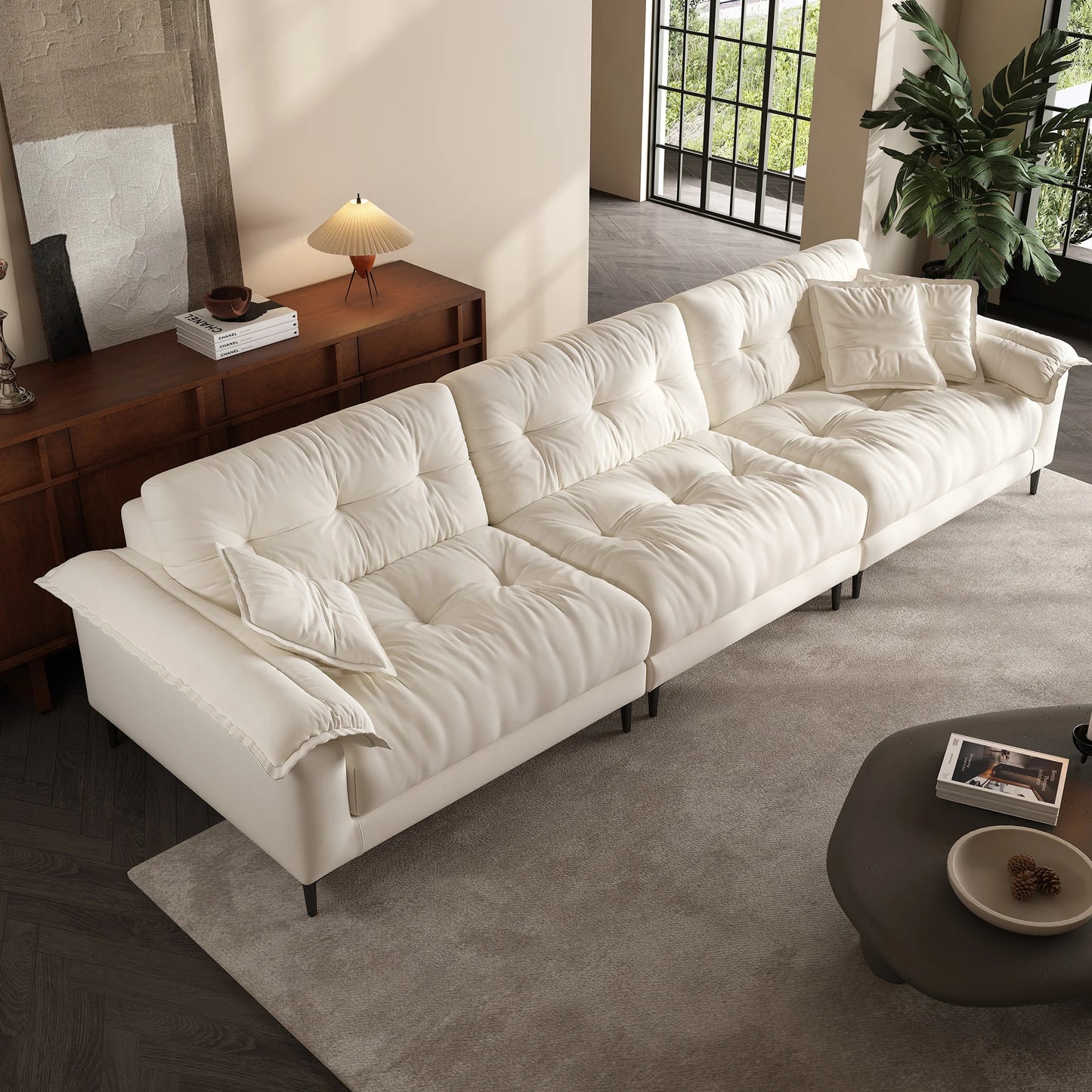 Modern style living room wooden frame beige fabric modular 5 seater sofa
