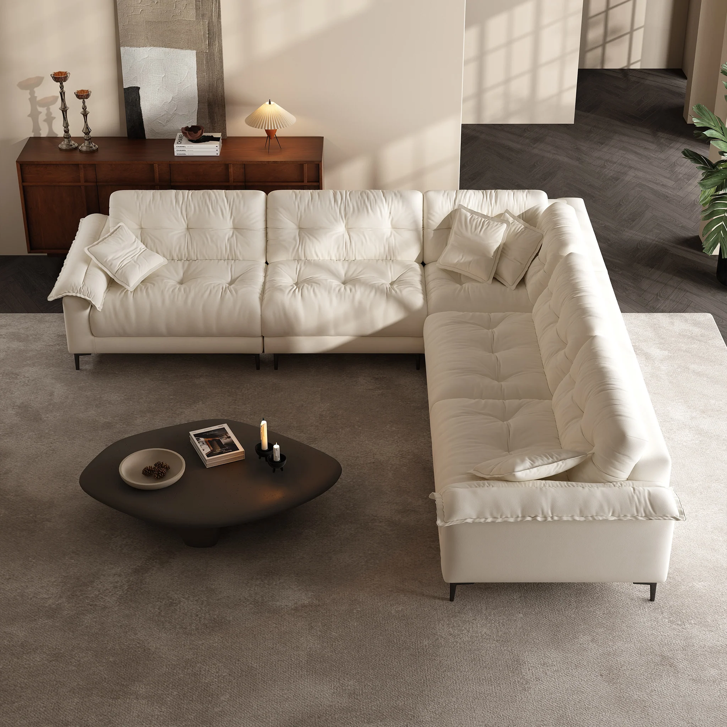 Living room low arm modular sectional beige chenille fabric corner sofa