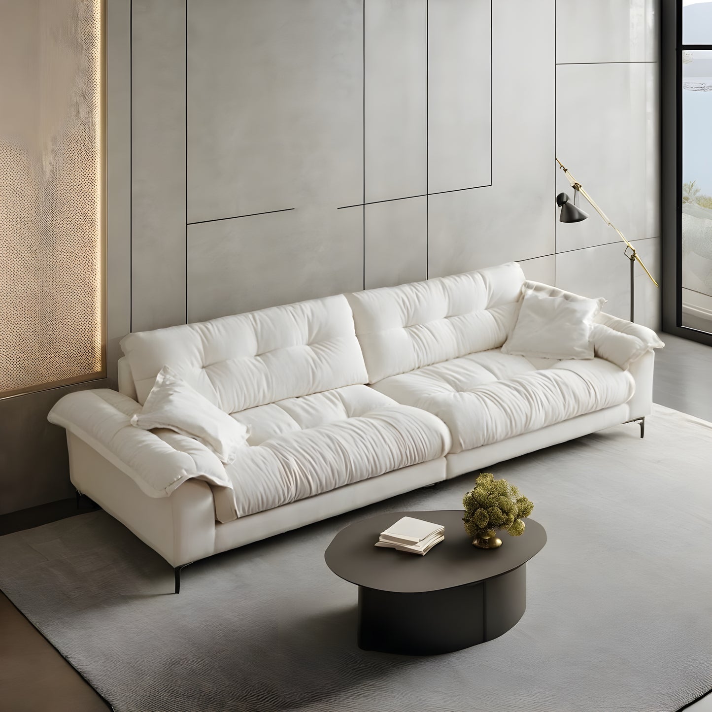 Modern style apartment living room beige chenille fabric 4 seater sofa