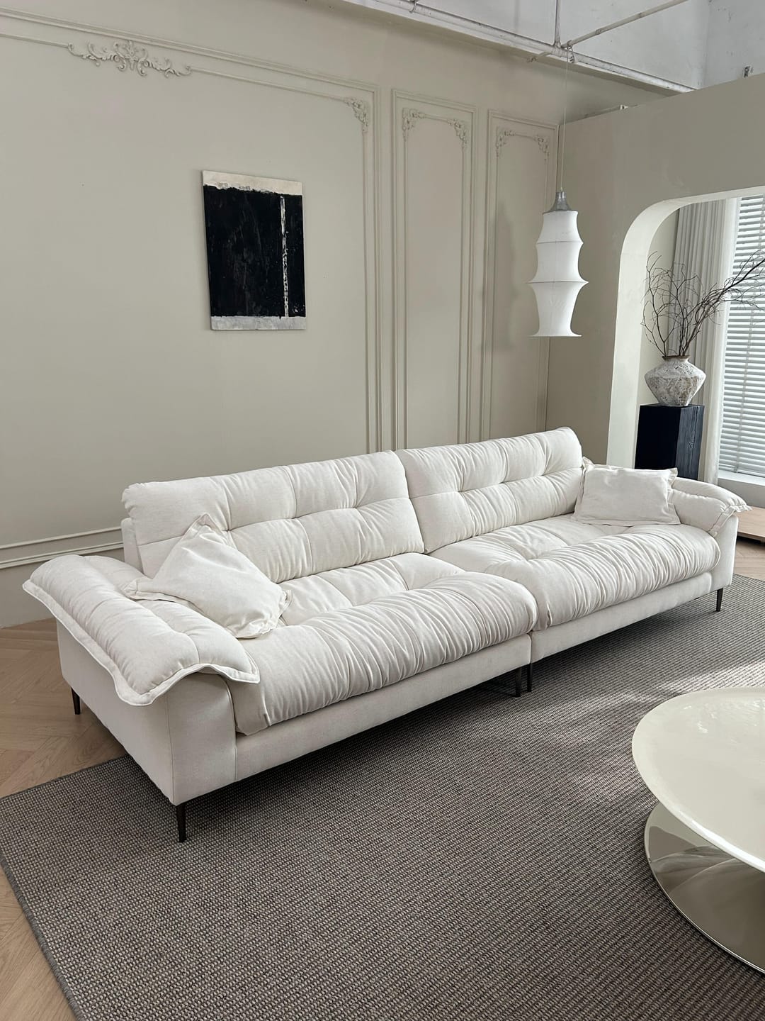 Modern style apartment living room beige chenille fabric 4 seater sofa