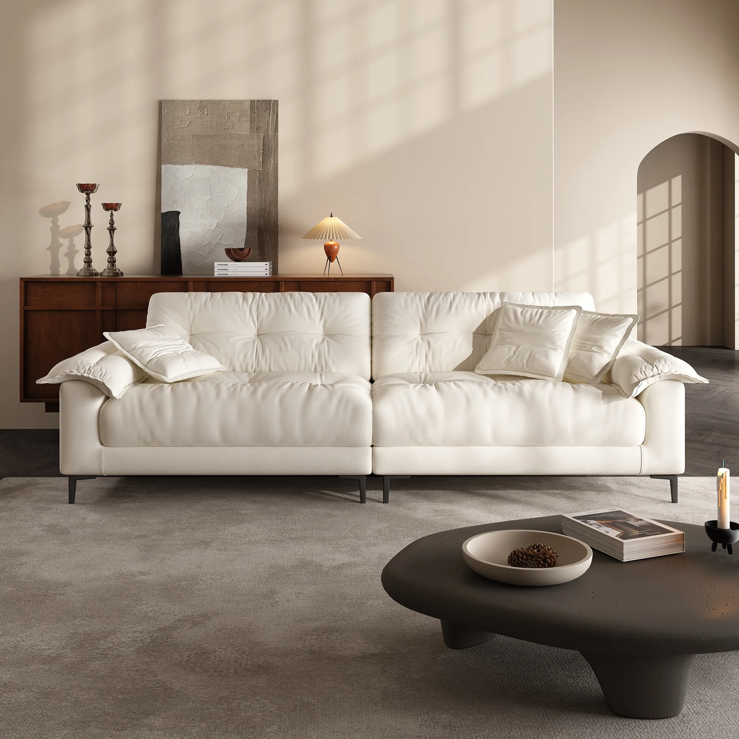 Modern style apartment living room beige chenille fabric 4 seater sofa