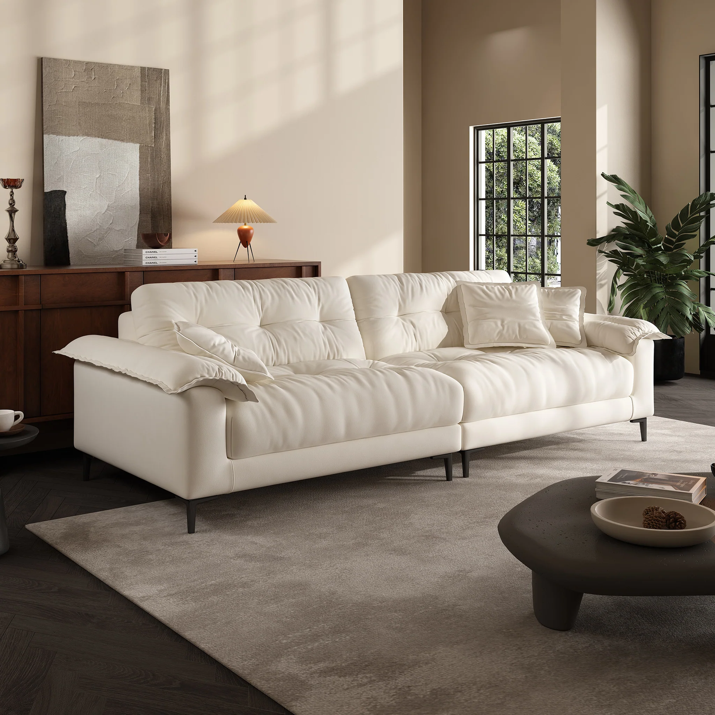 Modern style apartment living room beige chenille fabric 4 seater sofa