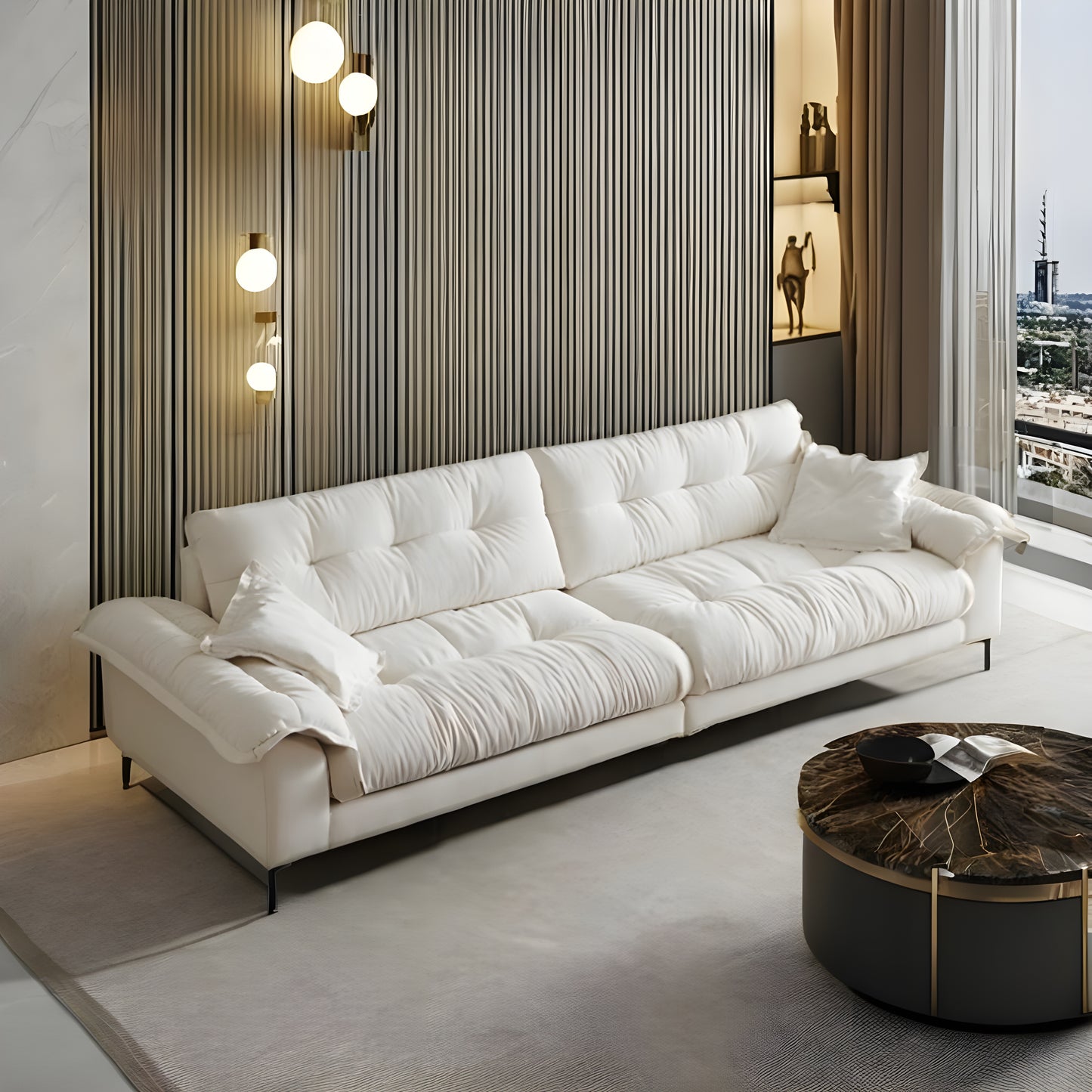 Modern style apartment living room beige chenille fabric 4 seater sofa