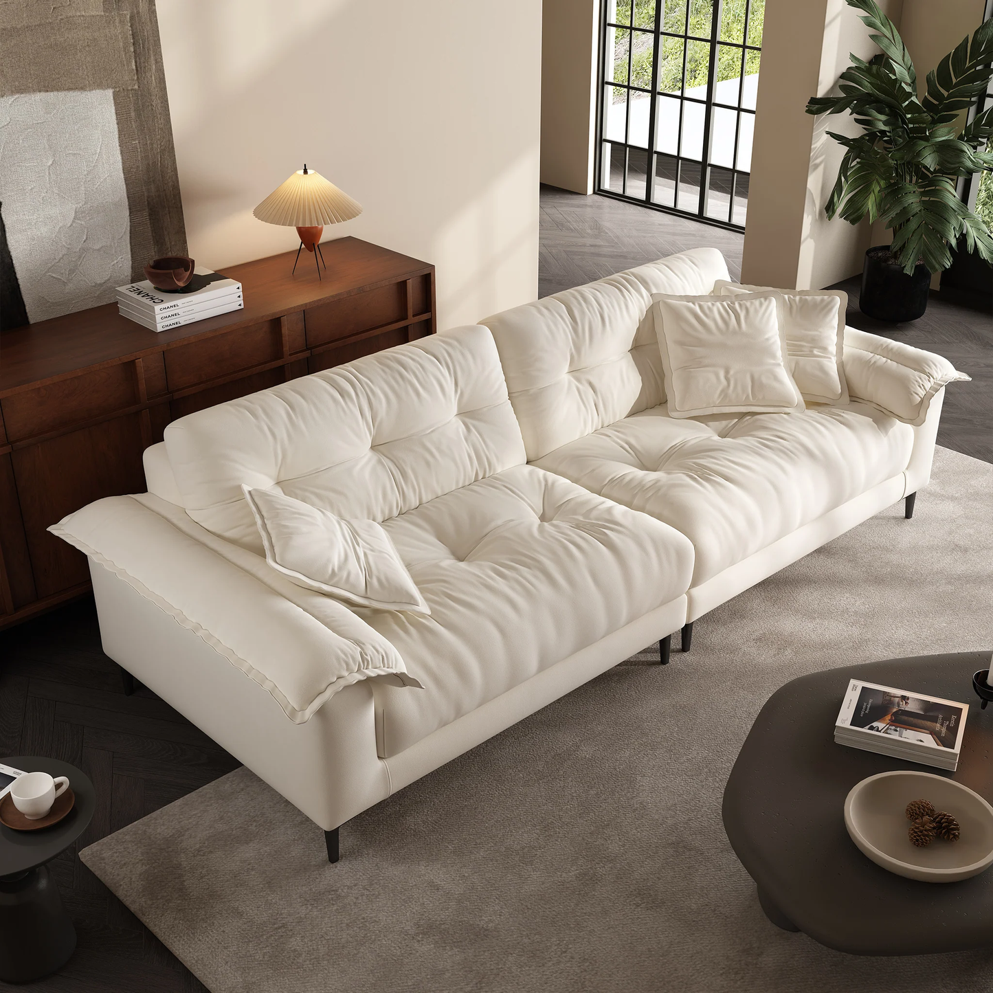 Modern style apartment living room beige chenille fabric 4 seater sofa