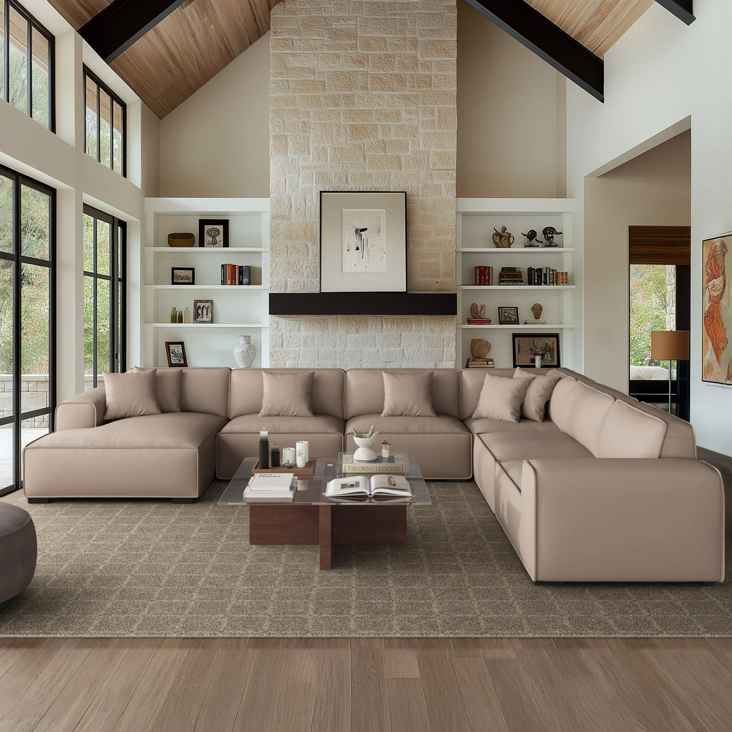 Luxury genuine leather khaki u shape sectional sofa