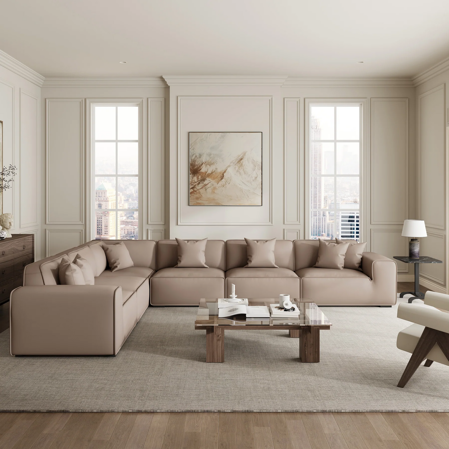 Modern L shape modular khaki genuine leather corner sofa