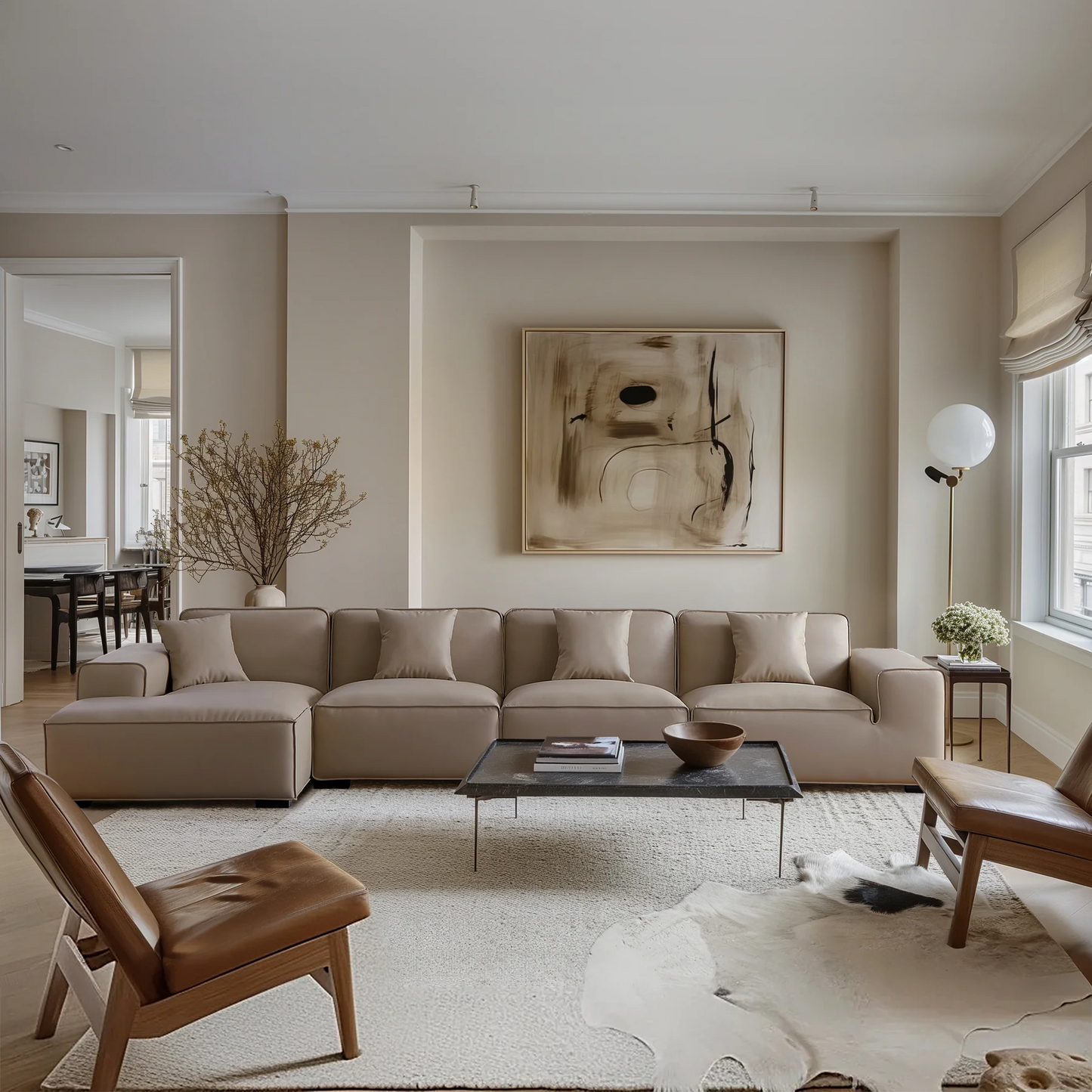 Living Room Modular Large L Shaped Khaki Leather Sofa