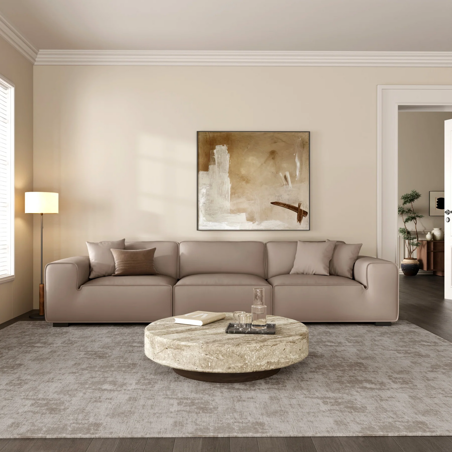 Modern style khaki genuine leather 3 seater sofa