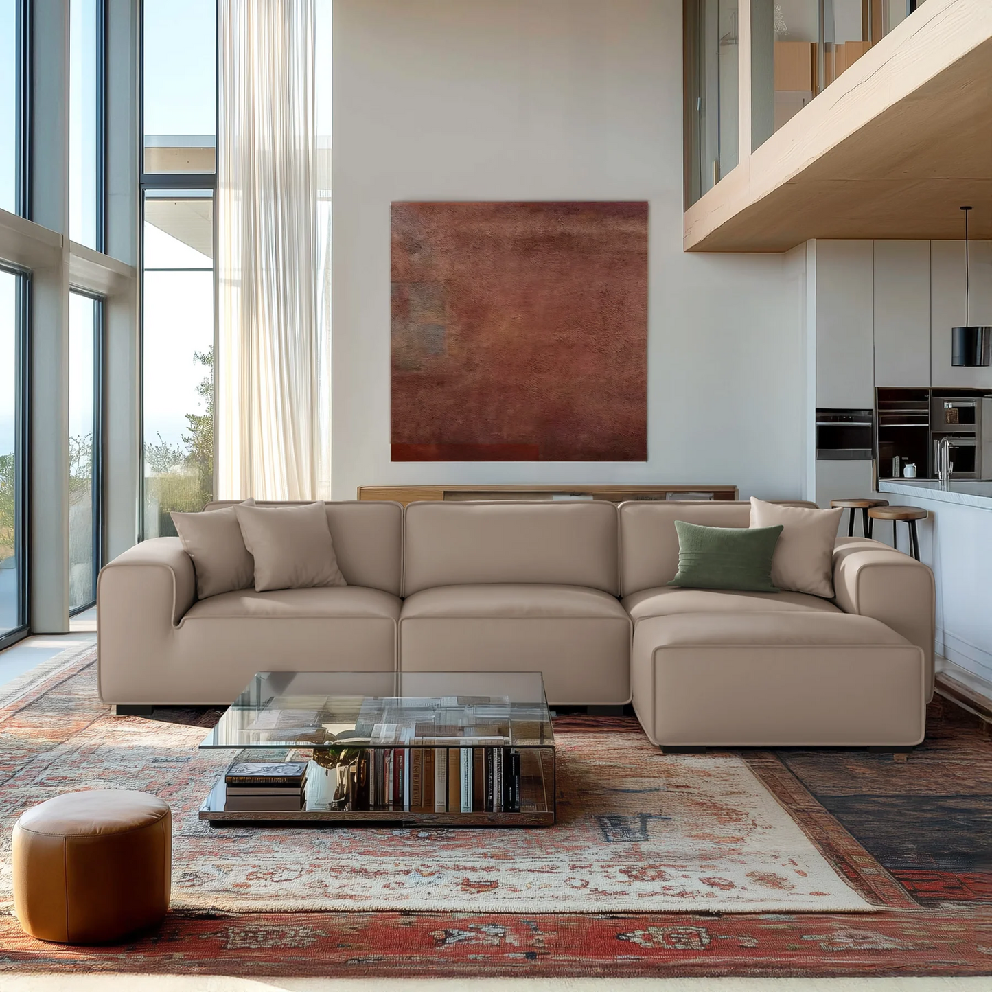 Genuine leather upholstery sofa with ottoman