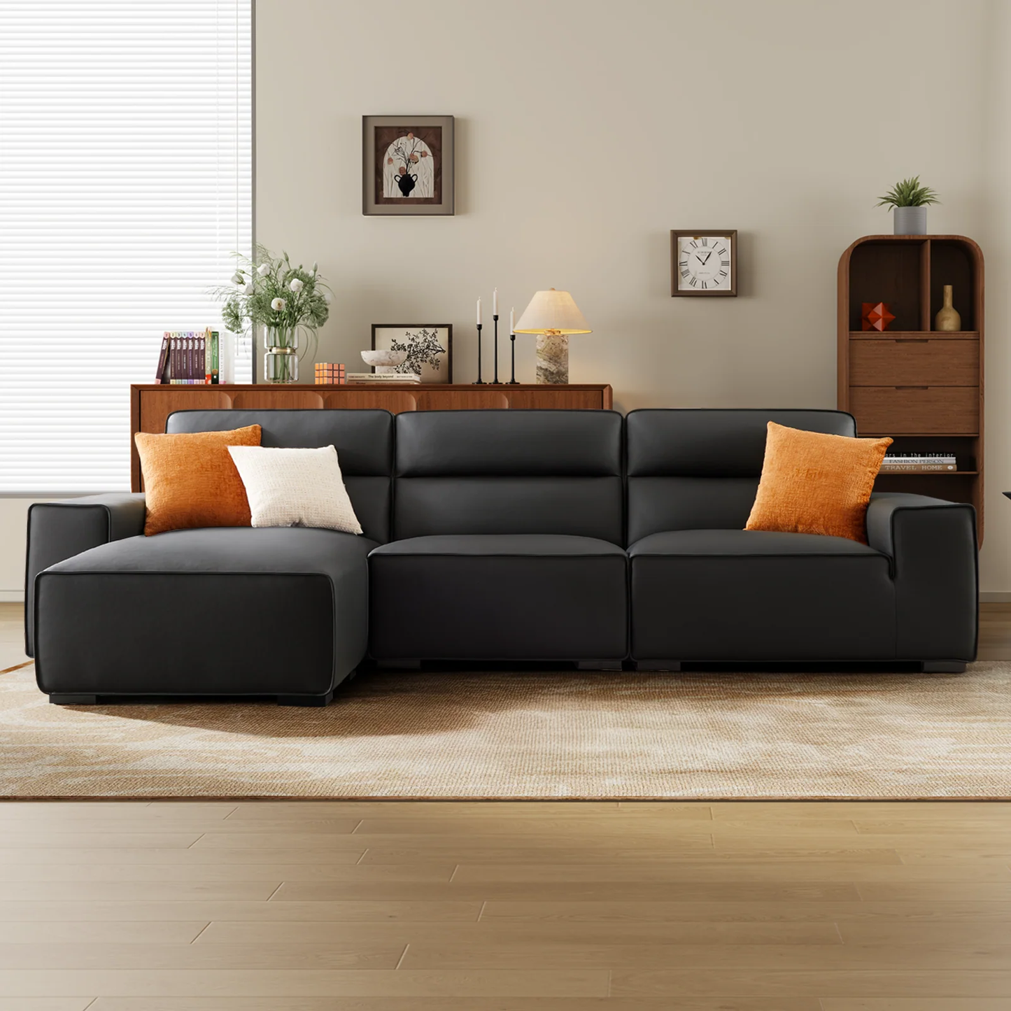 Living room deep seat high back leather sectional sofa with chaise