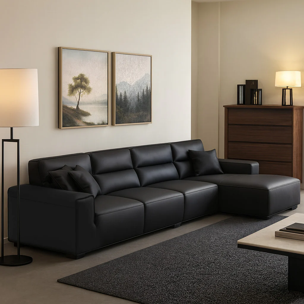 Living room deep seat high back leather sectional sofa with chaise