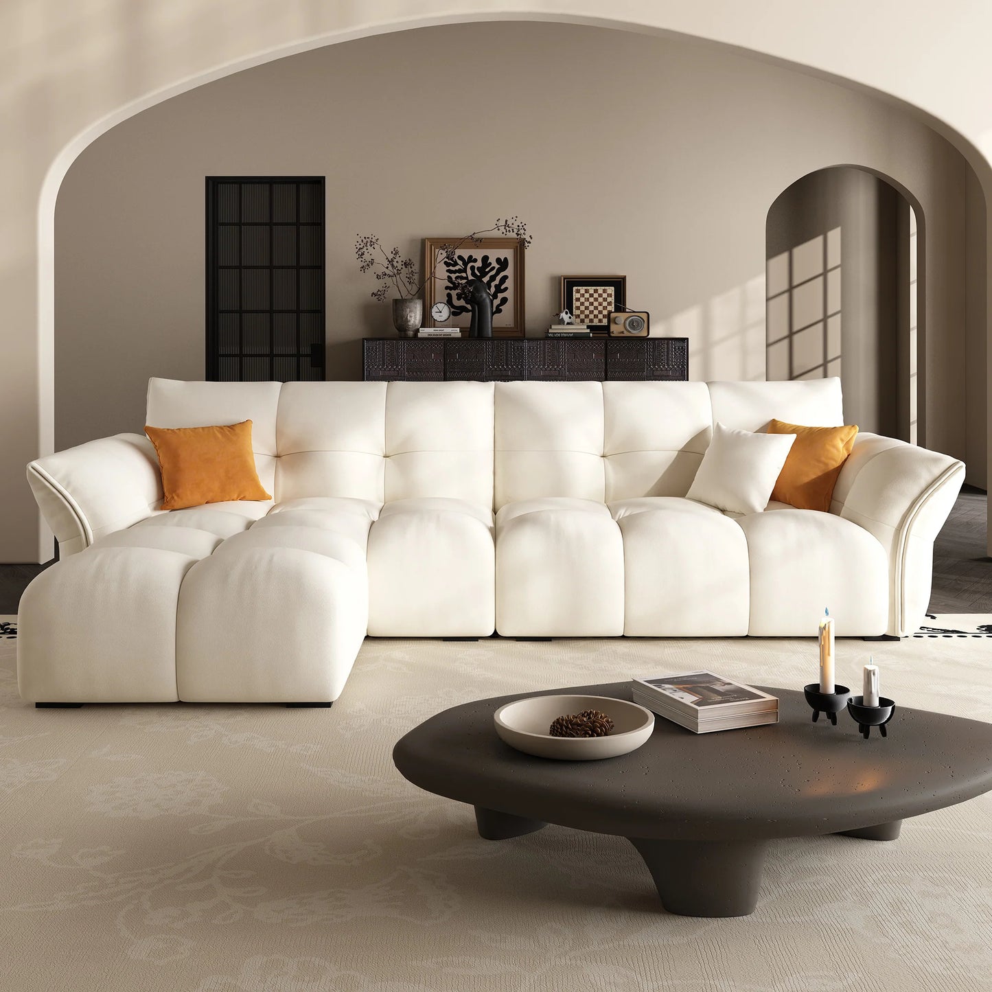 Bedroom living room soft deep cuddle modular white fabric 4 seater sofa with ottoman