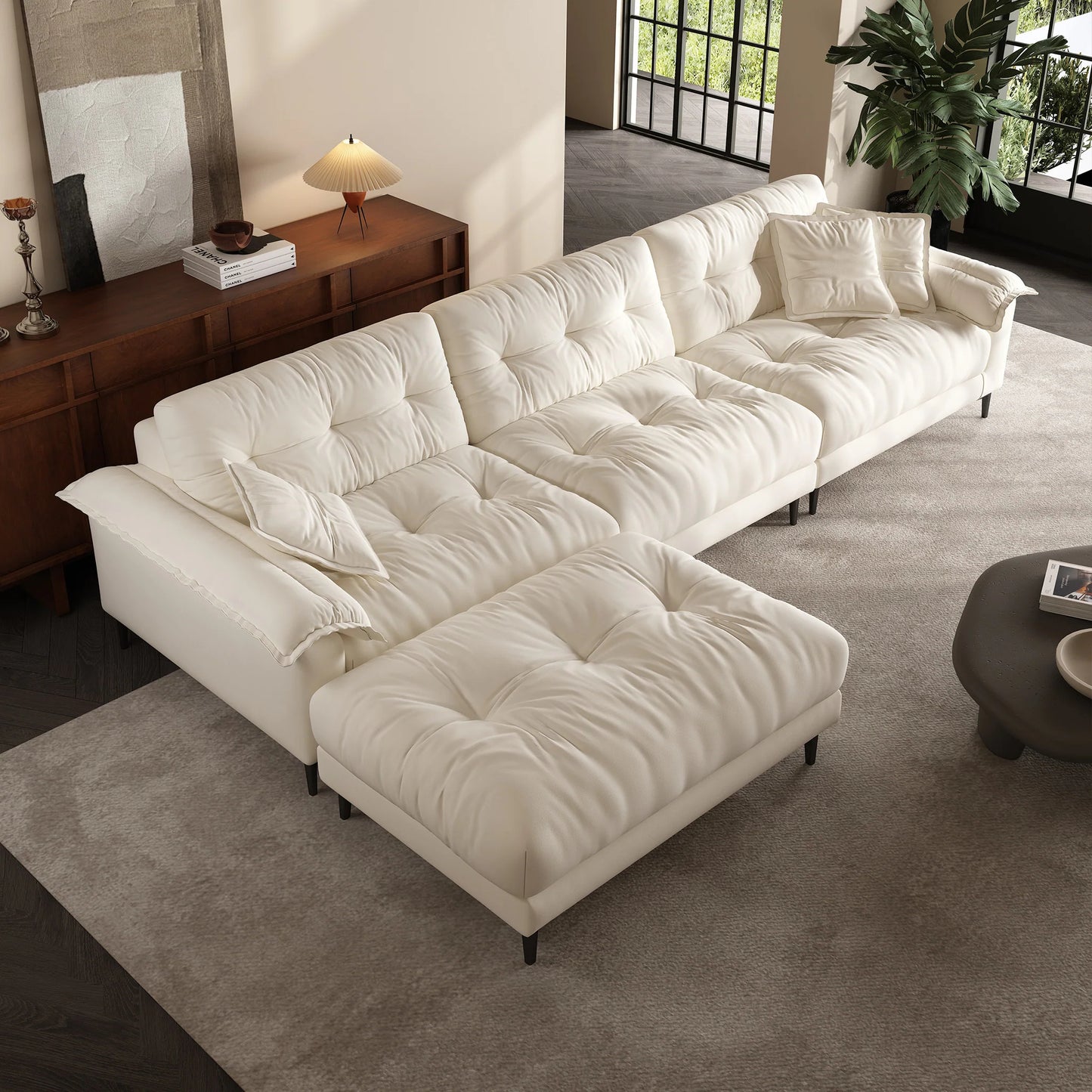 Modern apartment high quality wooden frame soft feather 5 seater sofa with ottoman