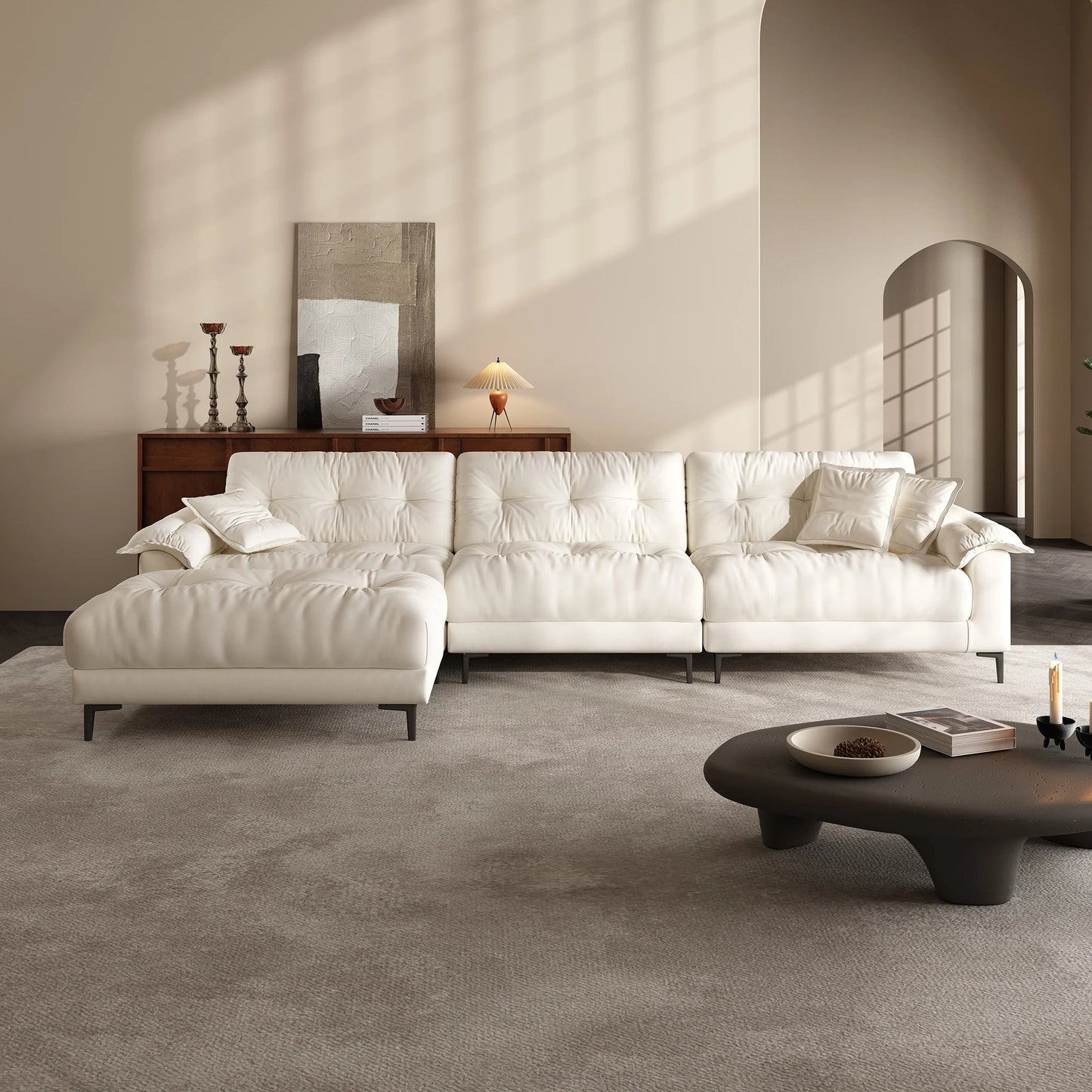 Modern apartment high quality wooden frame soft feather 5 seater sofa with ottoman